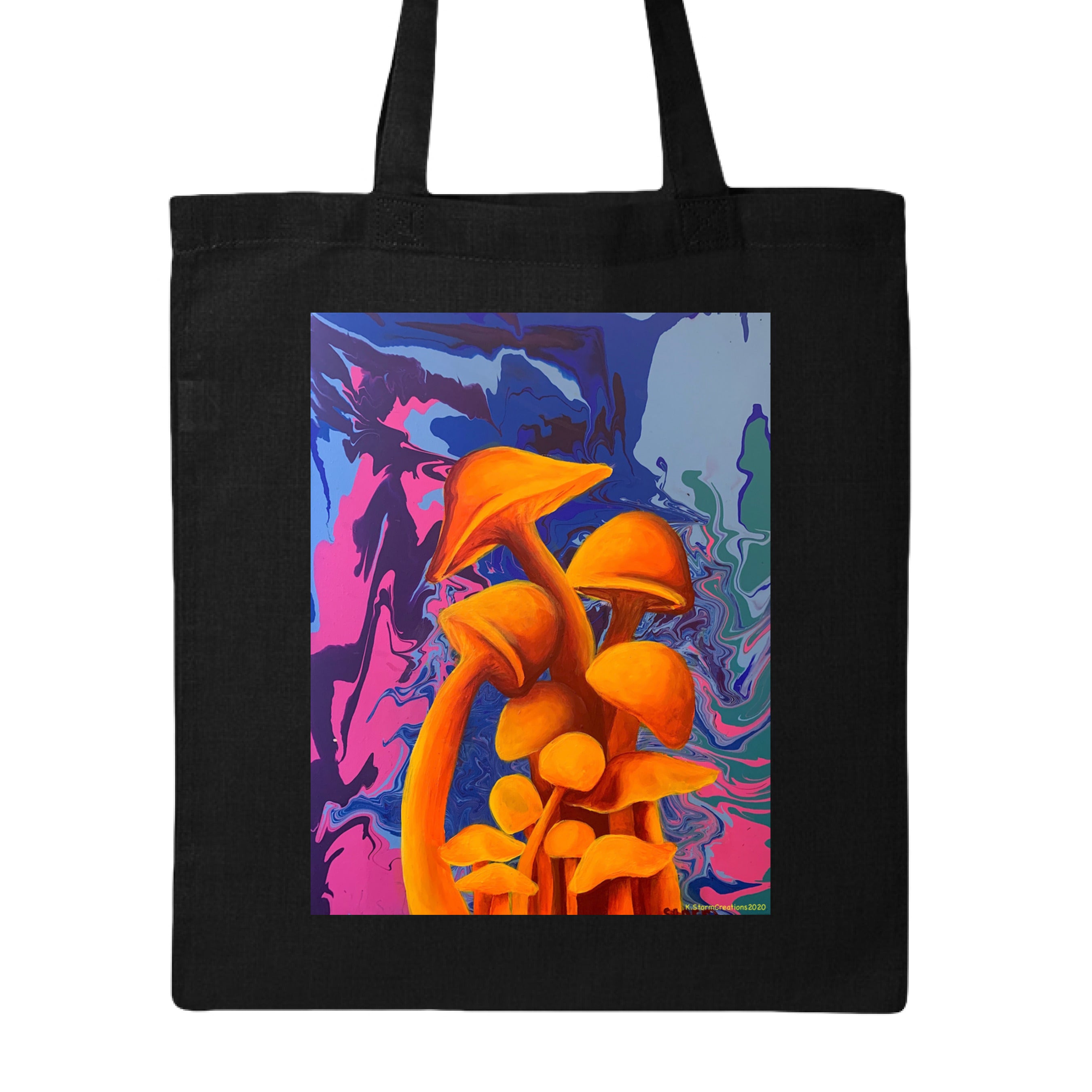 This is the Black Mushroom Canvas Tote by Storm Garden Studio. This is showcasing the front of the tote. The illustration is of 11 blazing orange fungis with a swirling background that includes blue, green, dark blue, purple and pink colors. The mushrooms are different shapes and sizes starting form the middle and reaching towards the top. It is against a white background.