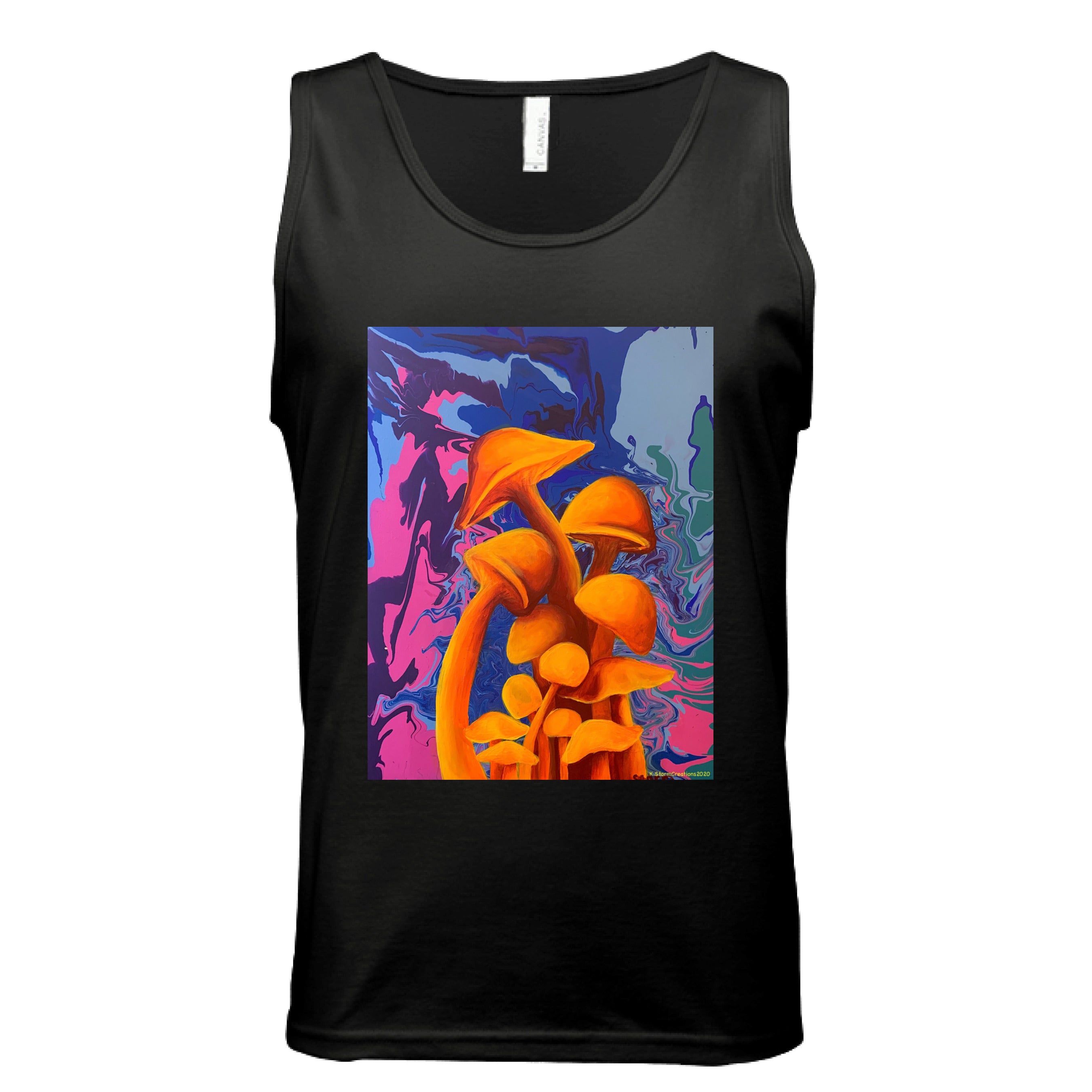 This is the Black Mushroom Tank by Storm Garden Studio. This is showcasing the front of the tank. There are two drawstrings on the hood and a large pouch under the illustration. The illustration is of 11 blazing orange fungis with a swirling background that includes blue, green, dark blue, purple and pink colors. The mushrooms are different shapes and sizes starting form the middle and reaching towards the top. It is against a white background.