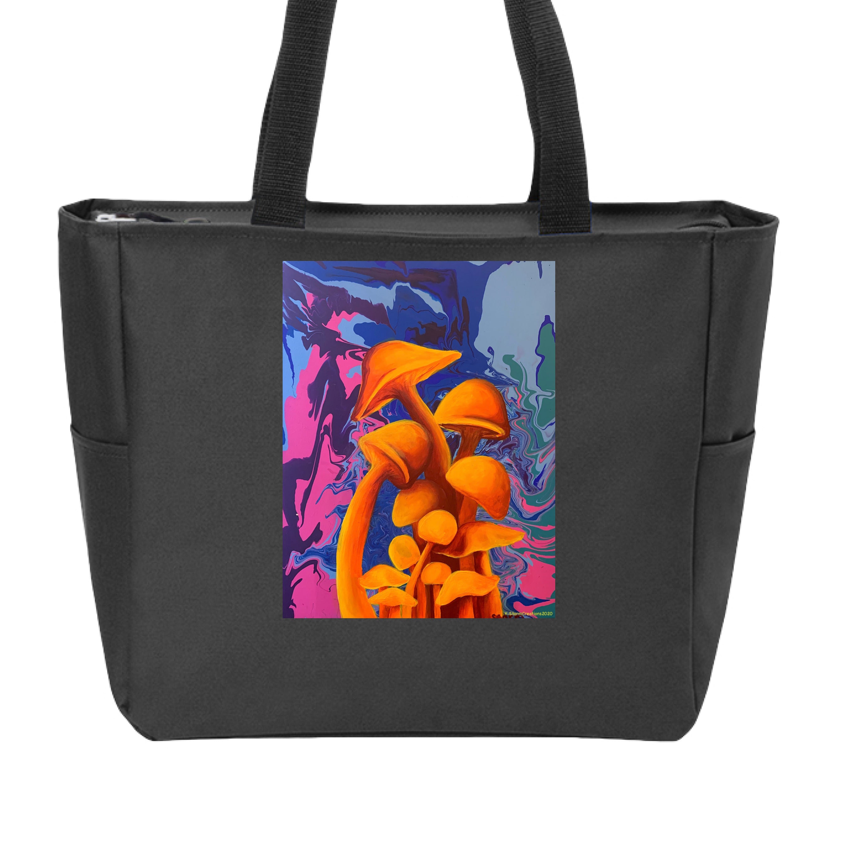 This is the Black Mushroom Zip Tote by Storm Garden Studio. This is showcasing the front of the tote. The handles are black. The illustration is of 11 blazing orange fungis with a swirling background that includes blue, green, dark blue, purple and pink colors. The mushrooms are different shapes and sizes starting form the middle and reaching towards the top. It is against a white background.