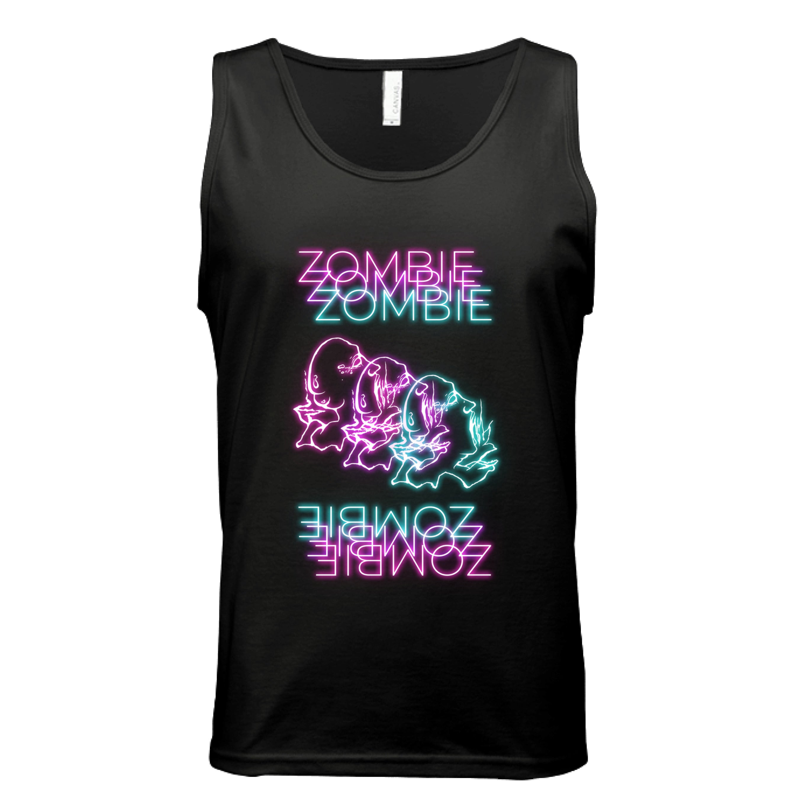This is the Black Neon Zombie Tank by Chris Foster Design. This is showcasing the back of the shirt. The illustration has retro arcade vibes. The colors are vibrant pink, purple, green and teal in neon. The zombies are layered together facing the right with their mouths open looking up. The words below and above are the words in neon pink,purple,green and blue. "ZOMBIE". The white size label can be seen. It is against a white background.