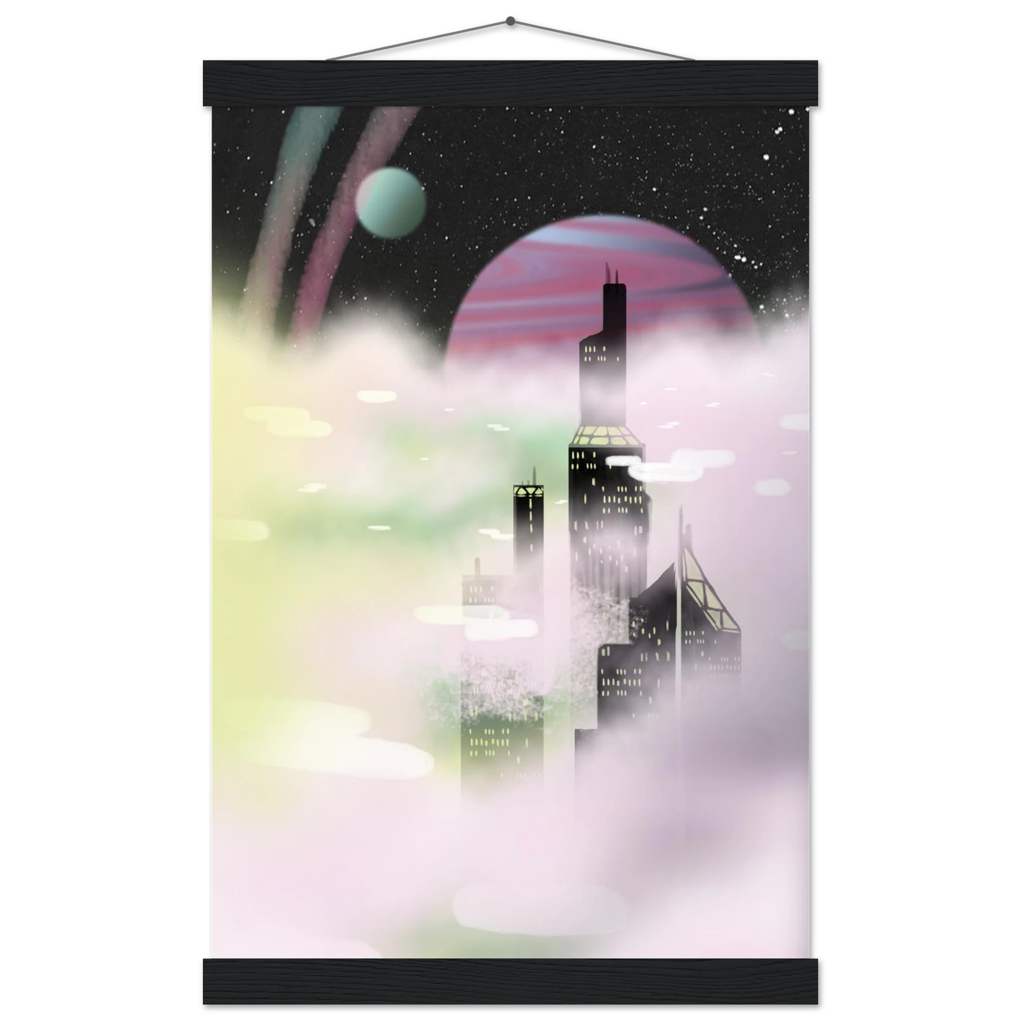 This is the Black 12" x 18" Space Environment Poster with Hanger by Chris Foster Design. It has a hanger attached to wood on the top. Wood on the bottom. Similar to a scroll. The illustration blends the sharp geometry of towering buildings shadowed in black with yellow windows. Ethereal glow of planetary skies including a dark sky, white dots as stars, circular planet in light blue, pink/purple, streaks of blue/pink in the sky and drifting clouds with hues of green, pink and white.