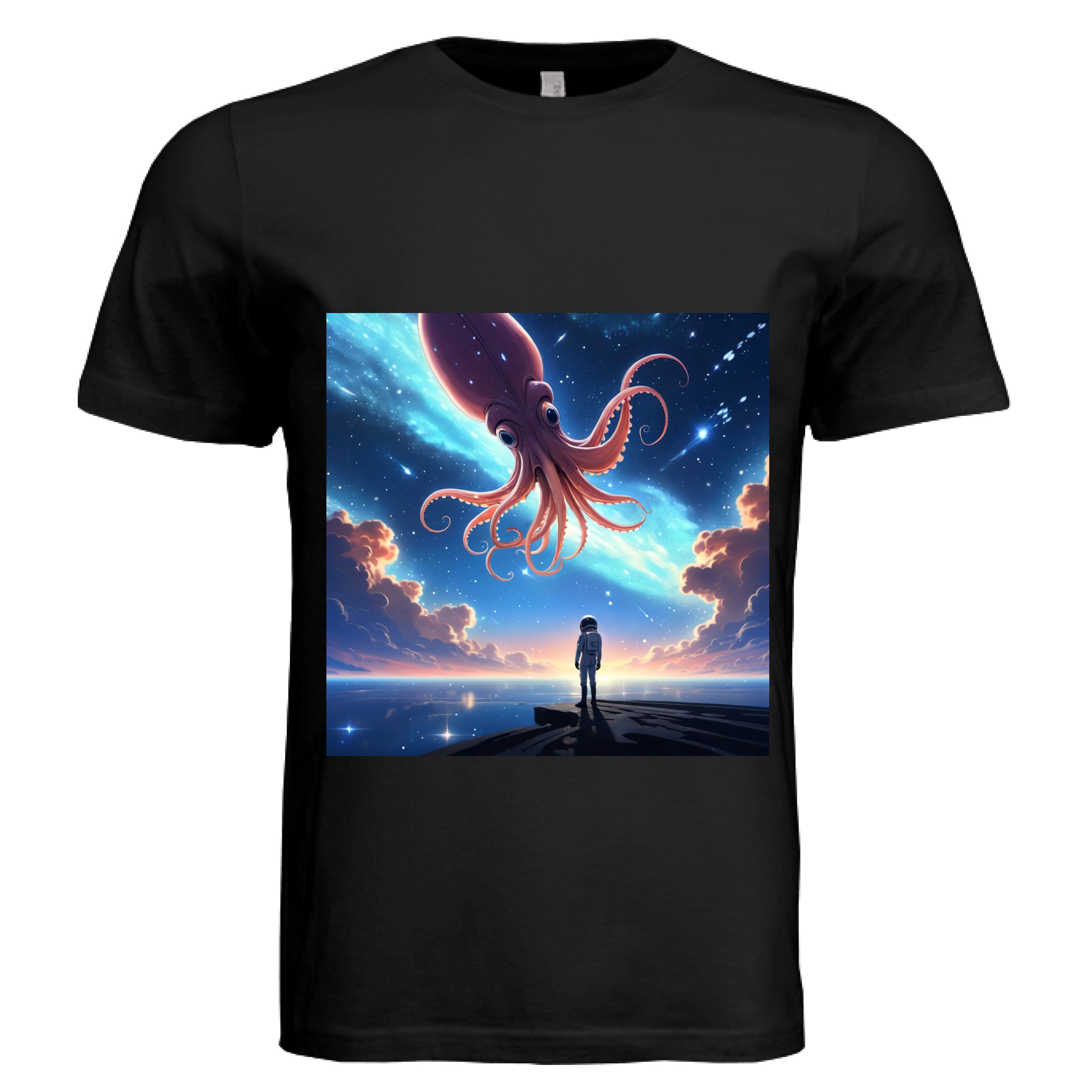 This is the Black Star Maker T-Shirt by Lee Hansheng Studios. This is showcasing the front. The illustration features a lone astronaut in white, standing on a dark surface gazing at a pink octo-squid alien, drifting through a sky. The sky is alive with stars, nebulae, and clouds. The clouds are drifting up at the right and left with pink/blue hues. The sky is a light blue and the drifting stars behind the animal is a light blue. It is against a white background.