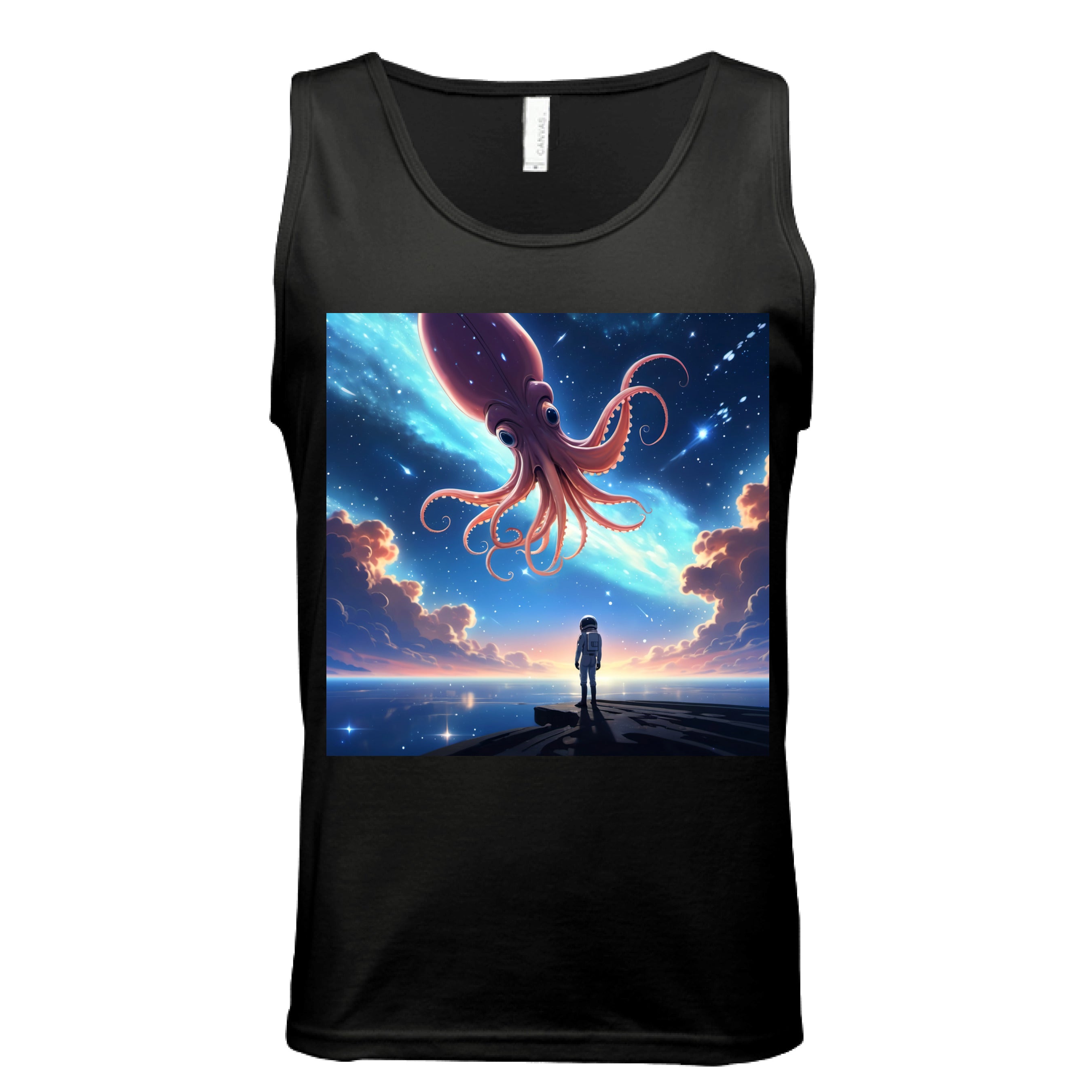 This is the Black Star Maker Tank by Lee Hansheng Studios. This is showcasing the front. The illustration features a lone astronaut in white, standing on a dark surface gazing at a pink octo-squid alien, drifting through a sky. The sky is alive with stars, nebulae, and clouds. The clouds are drifting up at the right and left with pink/blue hues. The sky is a light blue and the drifting stars behind the animal is a light blue. It is against a white background.