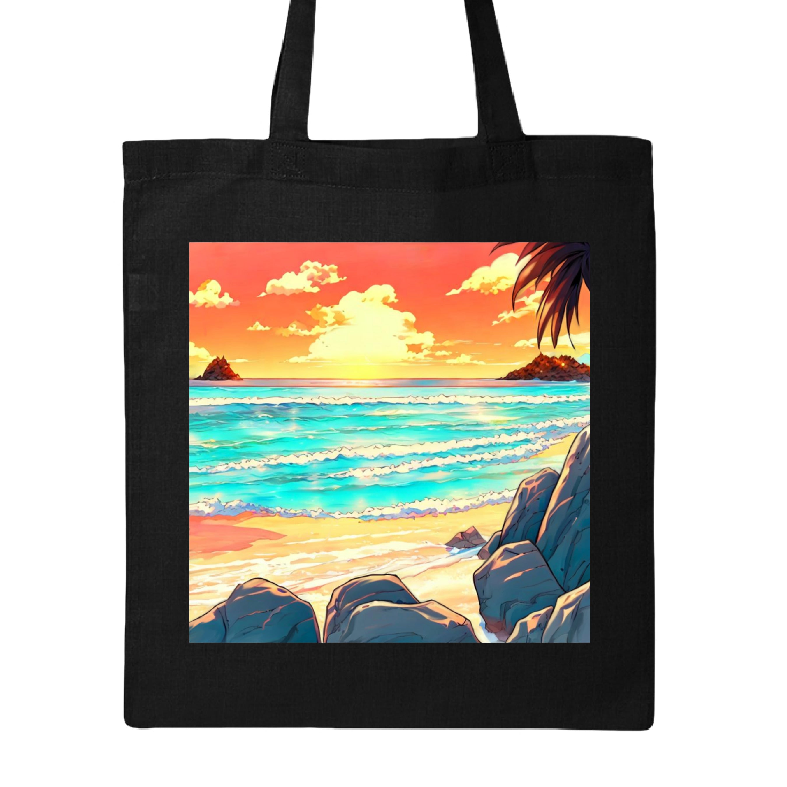 This is the Black Sunset on the Beach Canvas Tote by Lee Hansheng Studios. This is showcasing the front of the tote. The illustration features a glowing golden sun, turquoise/white waves, and soft tan sands framed by tropical palms that look orange in the light and rocky shores that are grey and green. It is against a white background.