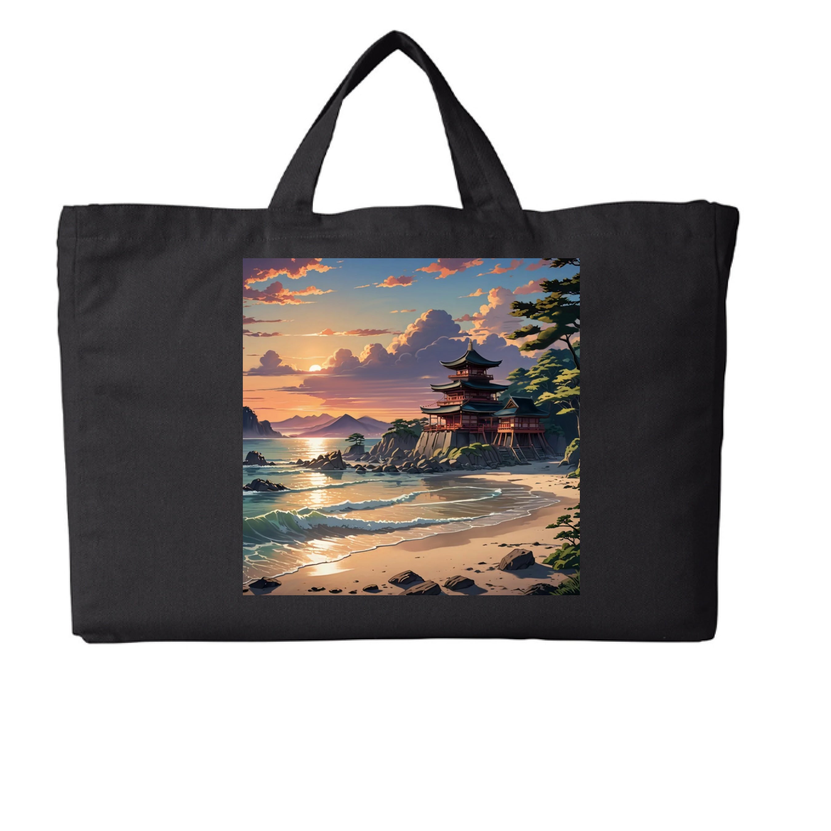 This is the Black Temple of Peace G2G Tote by Lee Hansheng Studios. This is showcasing the front. The illustration is squared and showcases a landscape. In the forefront are crashing light blue, white waves hitting the tan beach, scattered rocks lining the beach to the right where trees are peaking out. In the back is a temple on rocky land that is red with green/black tops. In the background are more mountains and fluffy clouds with the sun rising. The sky is mixed with blue, yellow and red colors.
