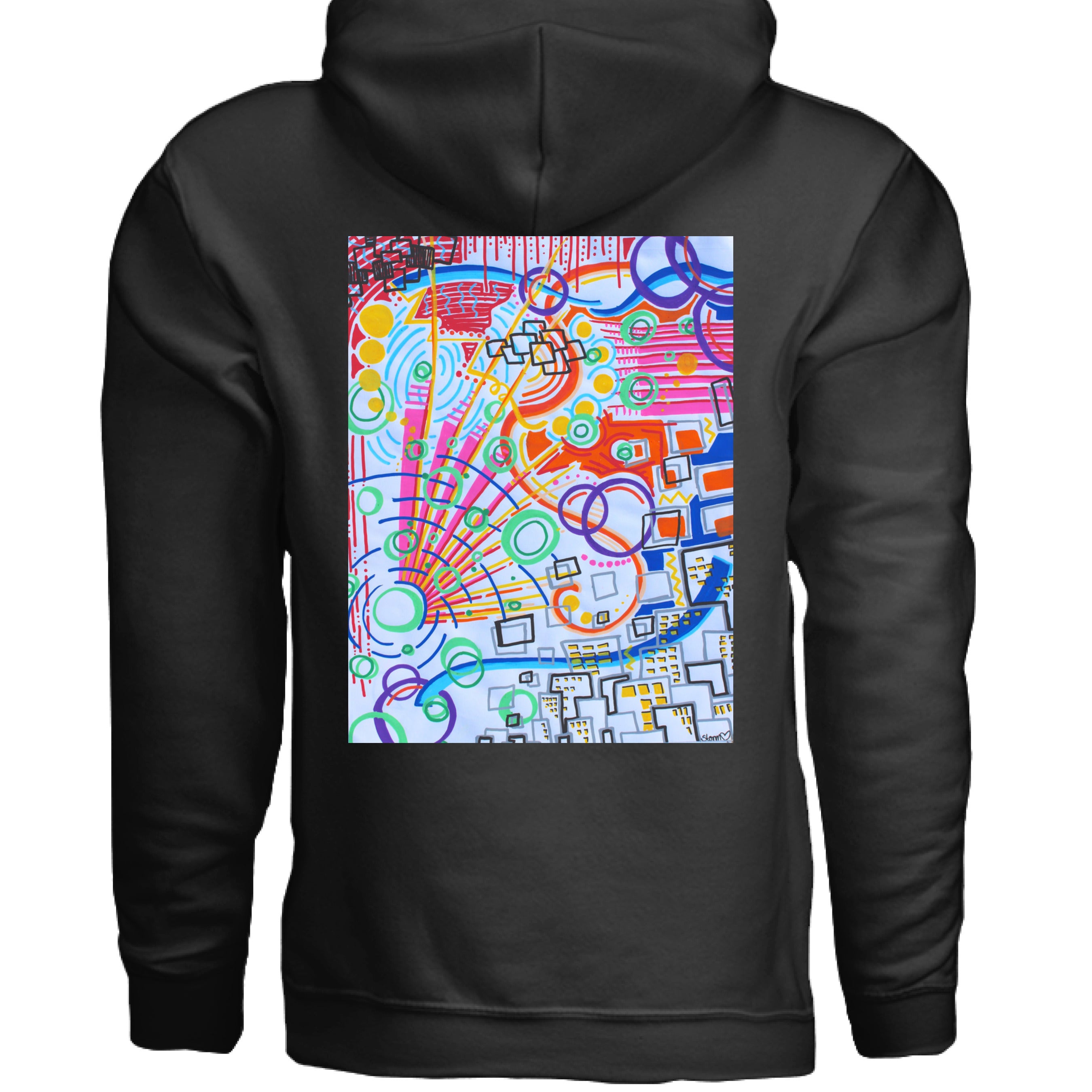 This is the Black The City Hoodie by Storm Garden Studio. This image is showcasing the back of the hoodie. There is an illustration right under the hood. It is a rectangular illustration with geometric shapes and city buildings to the right. There are squares, circles, sun rays, dots, in purples, red, pink, lime green, yellow, grey, blue and black. The background for the illustration is a light blue. The hoodie is against a white background.