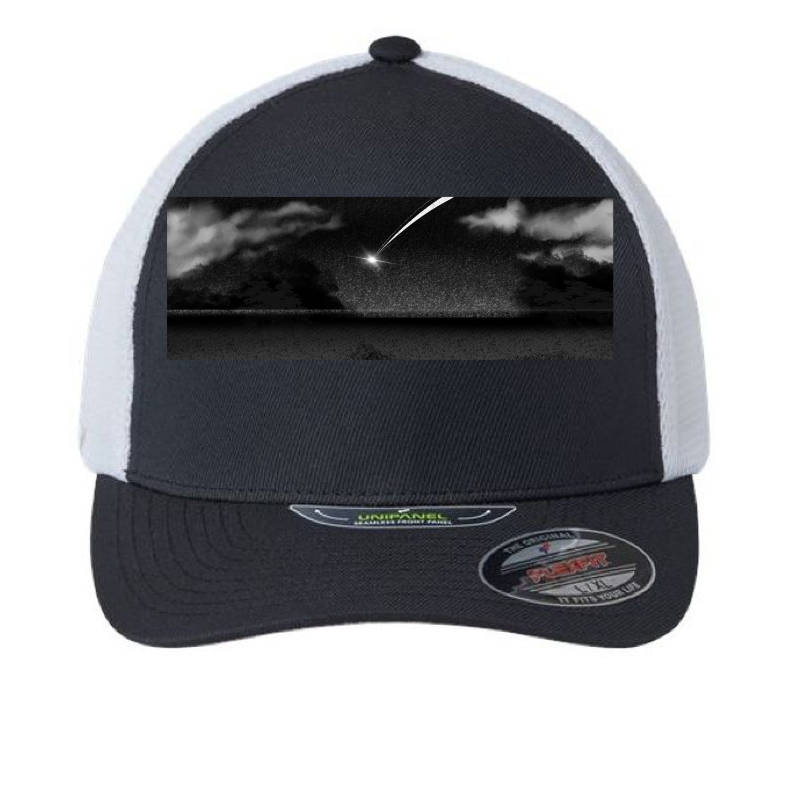 This is the Black/White Star Fall Cap by Lee Hansheng Studios. This is showcasing the cap from the front. The illustration is a meteor streaking through the sky. It is a moody piece that as gradients of black and grey, a little pixelated with white clouds in the forefront. The meteor is also white. It is against a white background.