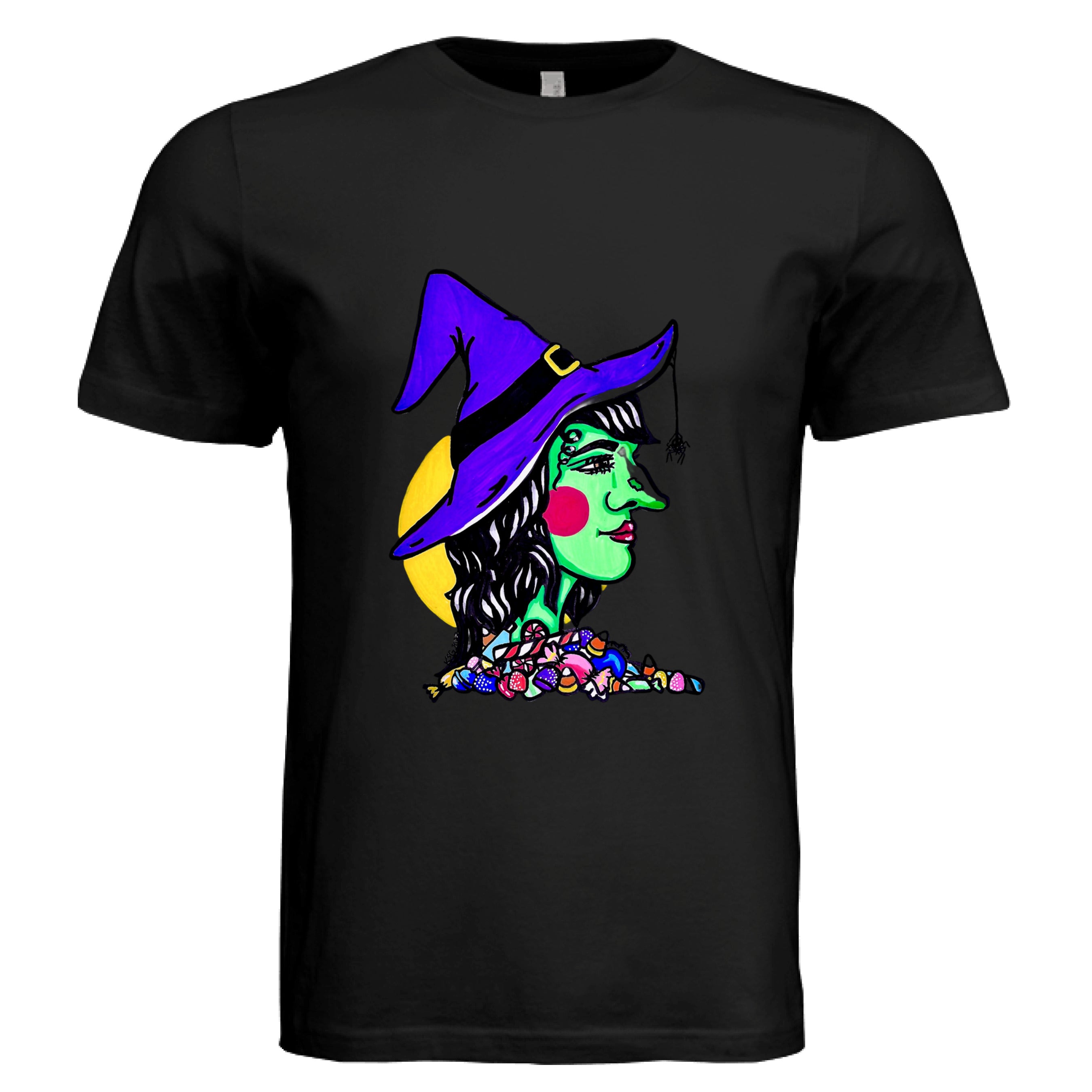 This is the Black Witch T-Shirt by Storm Garden Studio. This is showcasing from the front. The illustration is of a green skinned witch facing te right, purple witch hat with spider coming down, bright red circular cheeks and red lips, black wavy hair with assorted candies below her neck. There are candy corns, jelly, peppermints, stix in all differentcolors. The background is a bright yellow circle behind the back end of her head. The shirt is against a white background.