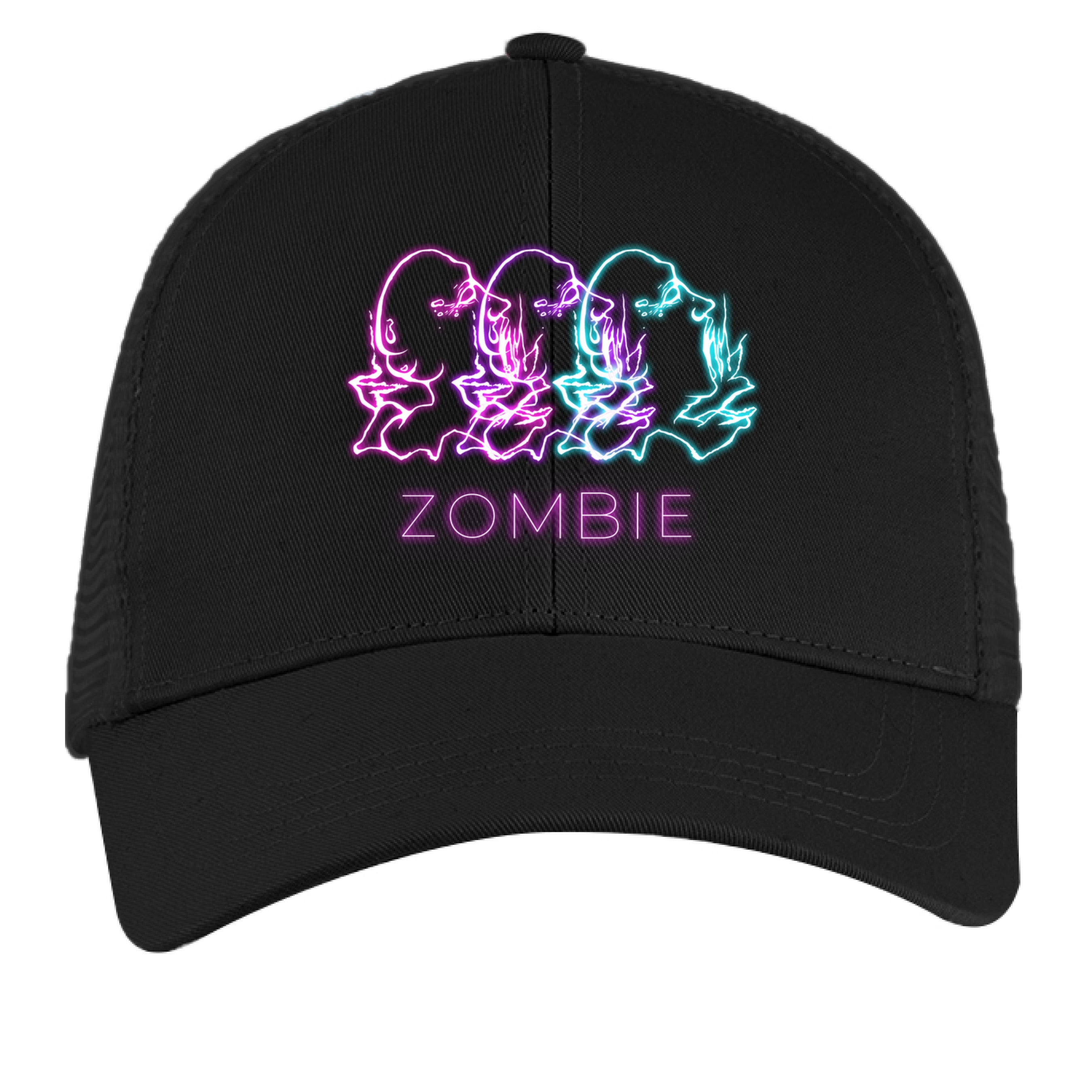 This is the Black Zombie Cap by Chris Foster Design. This is showcasing the front of the cap. The illustration has retro arcade vibes. The colors are vibrant pink, purple and teal in neon. The zombies are layered together facing the right with their mouths open looking up. Below are the words in neon pink/purple, "ZOMBIE". It is against a white background.