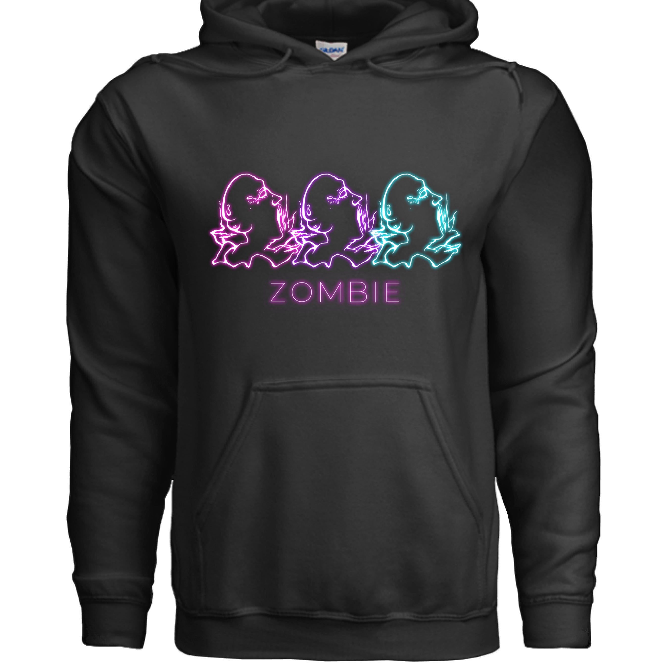 This is the Black Zombie Hoodie by Chris Foster Design. This is showcasing the front of the shirt. The illustration has retro arcade vibes. The colors are vibrant pink, purple and teal in neon. The zombies are layered together facing the right with their mouths open looking up. Below are the words in neon pink/purple, "ZOMBIE". On the inside of the hoodie is a white size label. There is a pocket around the mid section in the front and a hood with drawstrings. It is against a white background.