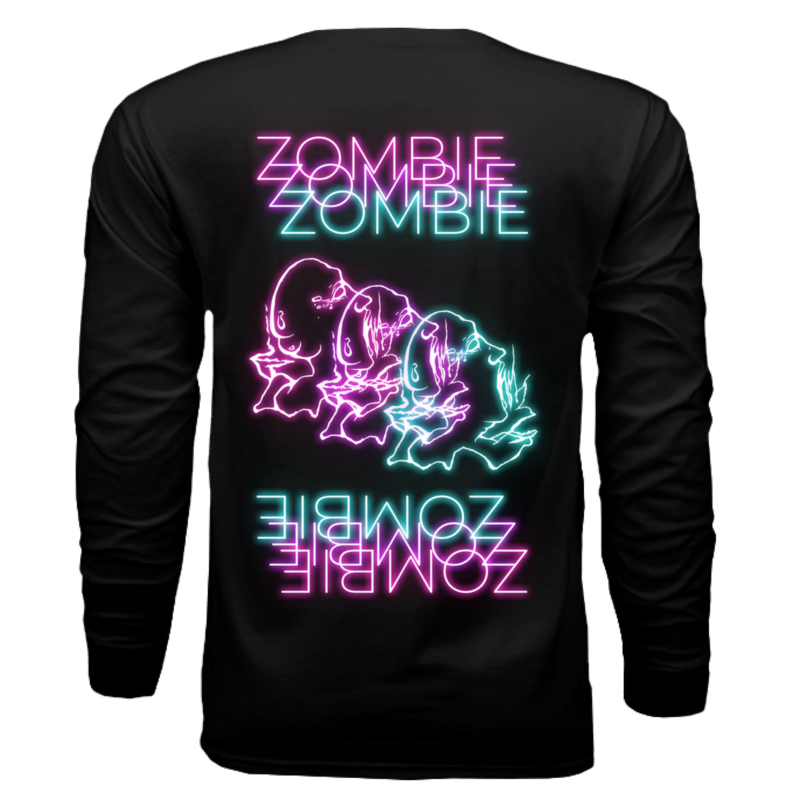 This is the Black Zombie Long Sleeve by Chris Foster Design. This is showcasing the back of the shirt. The illustration has retro arcade vibes. The colors are vibrant pink, purple, green and teal in neon. The zombies are layered together facing the right with their mouths open looking up. The words below and above are the words in neon pink,purple,green and blue. "ZOMBIE". It is against a white background.