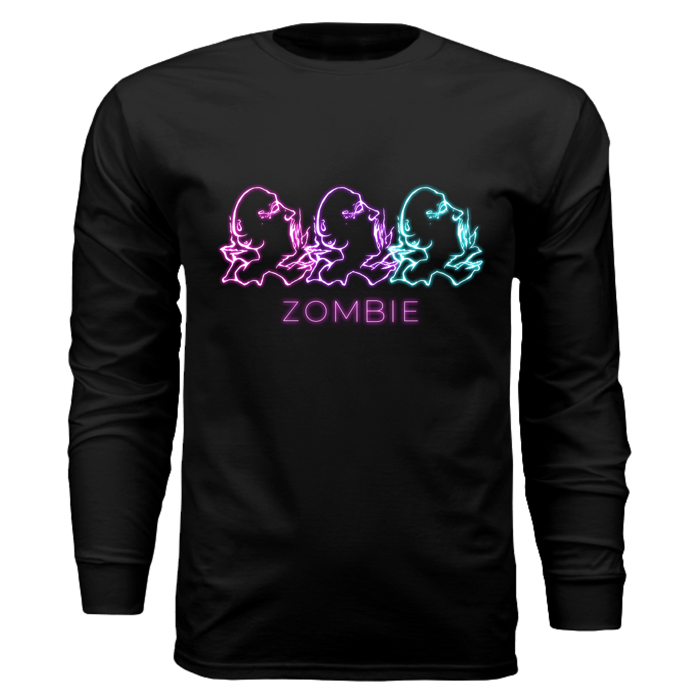 This is the Black Zombie Long Sleeve by Chris Foster Design. This is showcasing the front of the shirt. The illustration has retro arcade vibes. The colors are vibrant pink, purple and teal in neon. The zombies are layered together facing the right with their mouths open looking up. Below are the words in neon pink/purple, "ZOMBIE". The illustration is near the middle of the chest. It is against a white background.