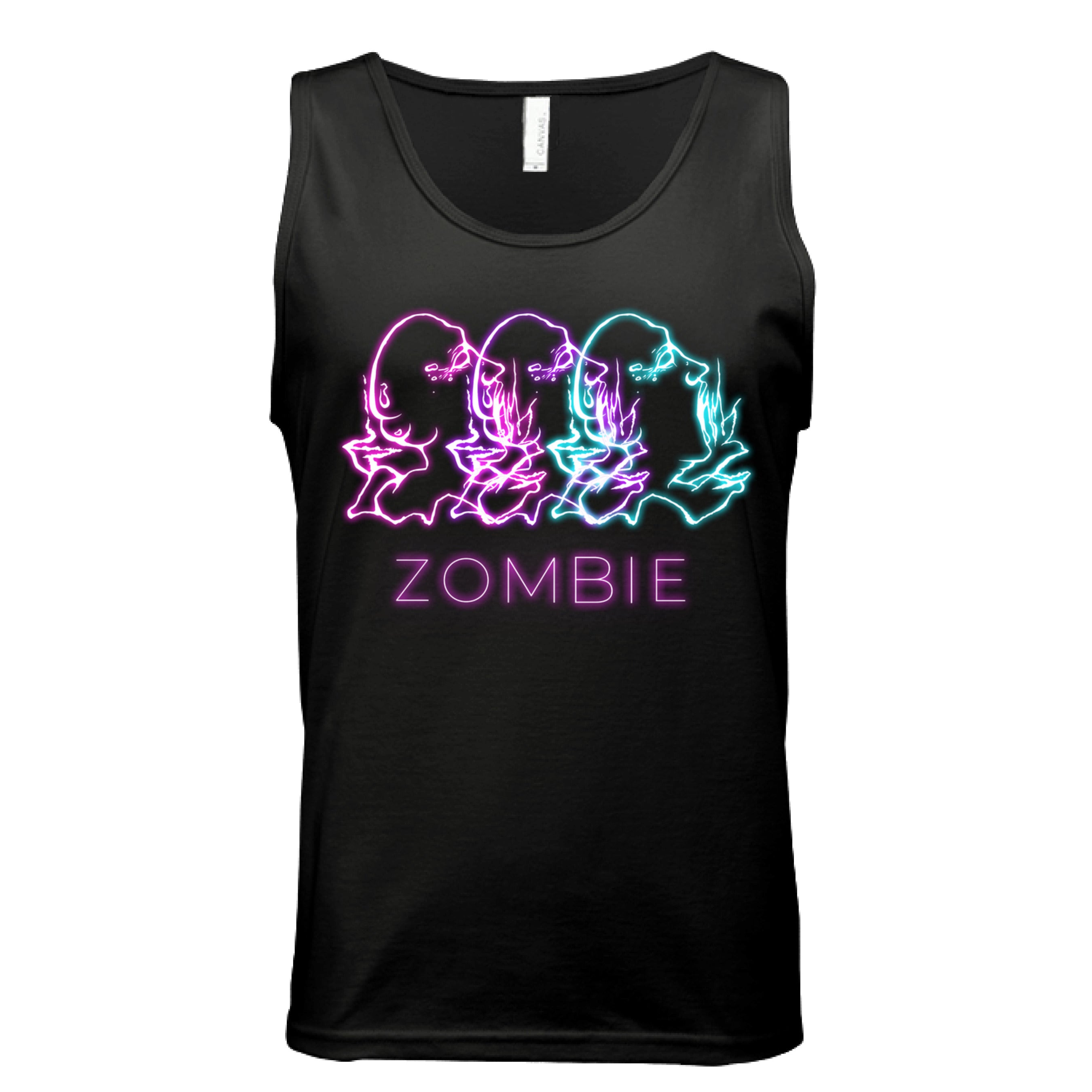This is the Black Zombie Muscle Tank by Chris Foster Design. This is showcasing the front of the shirt. The illustration has retro arcade vibes. The colors are vibrant pink, purple and teal in neon. The zombies are layered together facing the right with their mouths open looking up. Below are the words in neon pink/purple, "ZOMBIE". On the inside of the shirt is a white size label. It is against a white background.