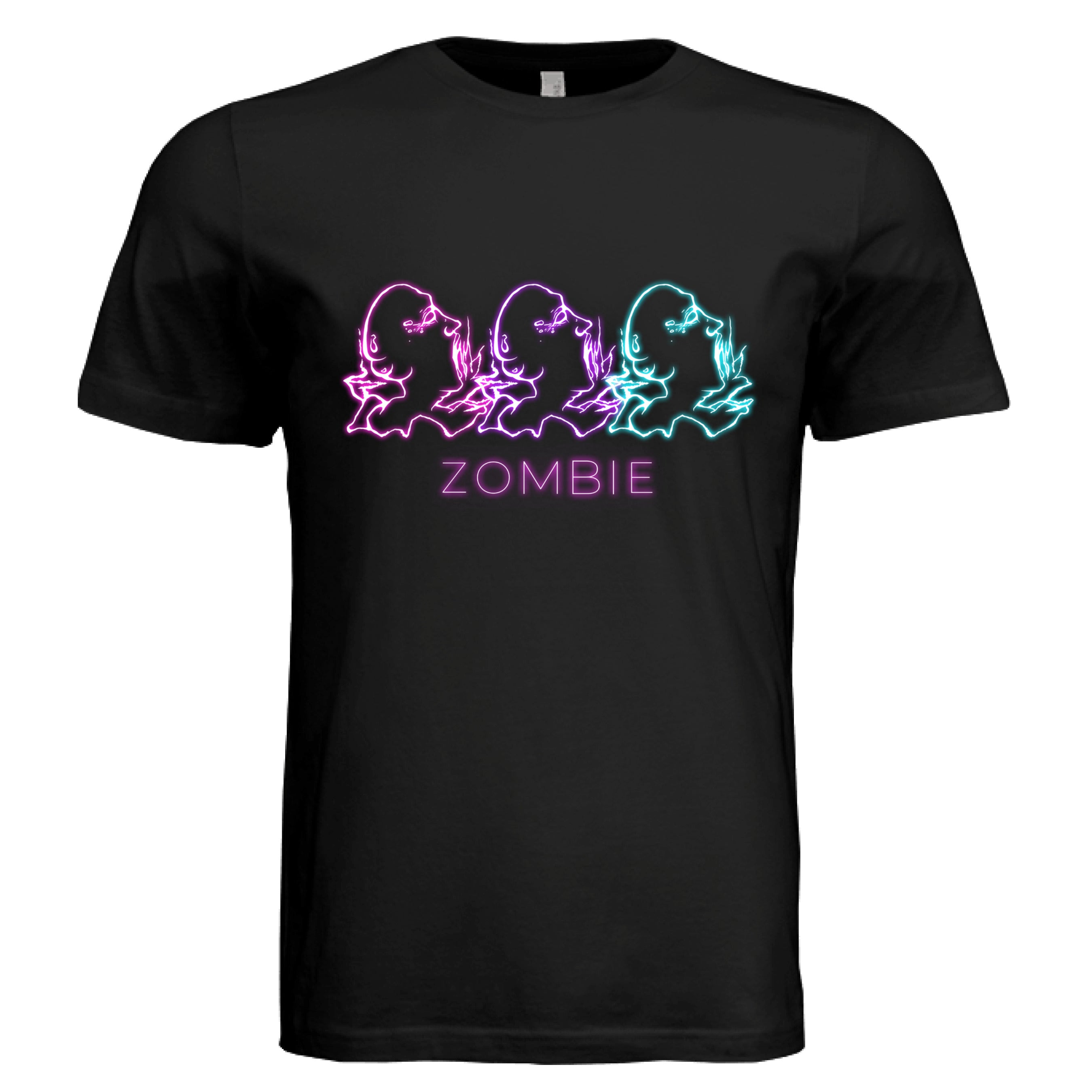 This is the Black Zombie T-Shirt by Chris Foster Design. This is showcasing the front of the shirt. The illustration has retro arcade vibes. The colors are vibrant pink, purple and teal in neon. The zombies are layered together facing the right with their mouths open looking up. Below are the words in neon pink/purple, "ZOMBIE". The illustration is near the middle of the chest. It is against a white background.