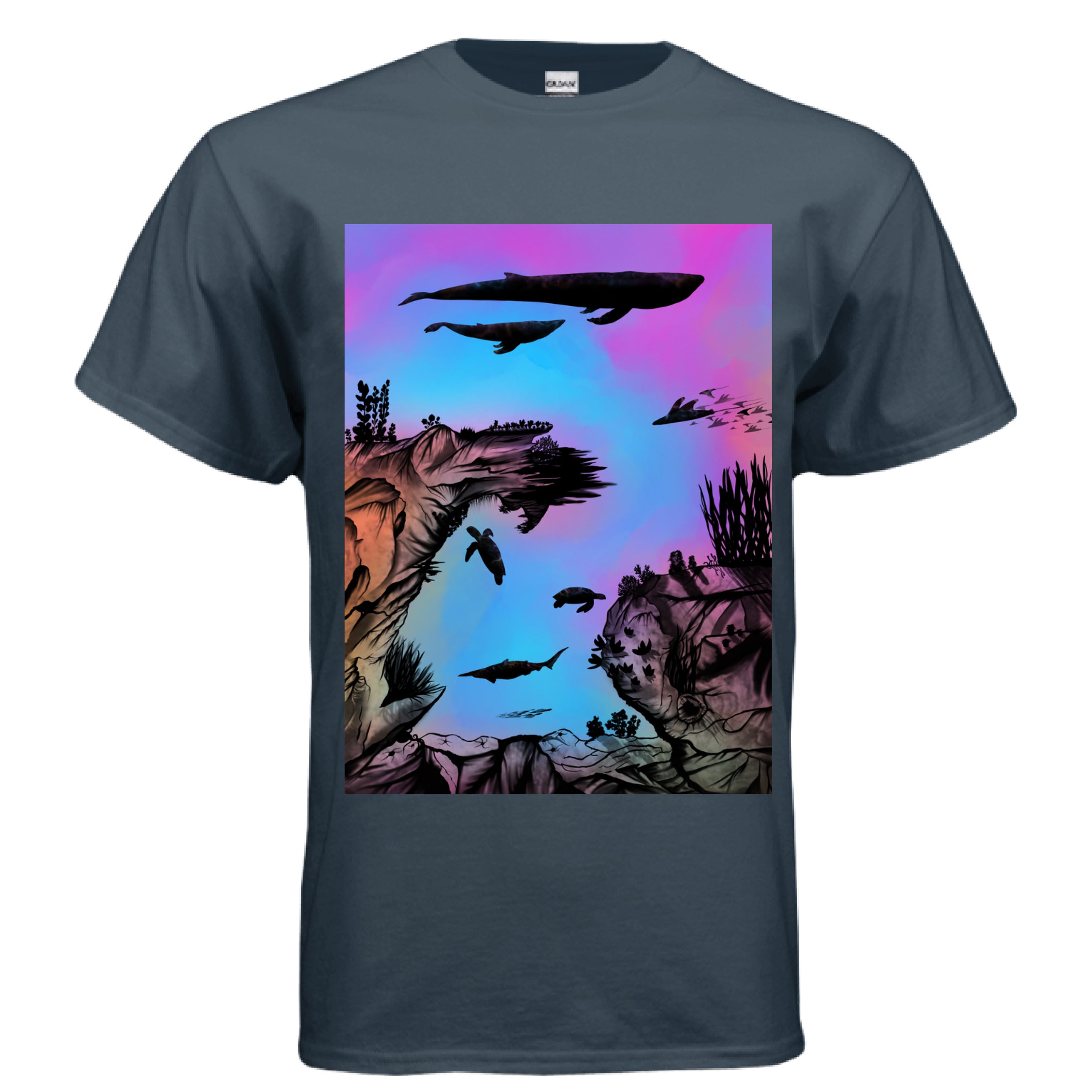 This is the Blue Dusk Into the Abyss T-Shirt by Lee Hansheng Studios. This is showcasing the front. The illustration is of an otherworldly underwater world alive with graceful black silhouettes drifting against a luminous gradient of blues, purples, and warm tones throughout the water. To the left, right and bottom are sediment, rocks, seaweed throughout. The top has a humpback whale, another whale, below are a pool of mantis rays, two sea turtles, sea of fish. The white size label can be seen.