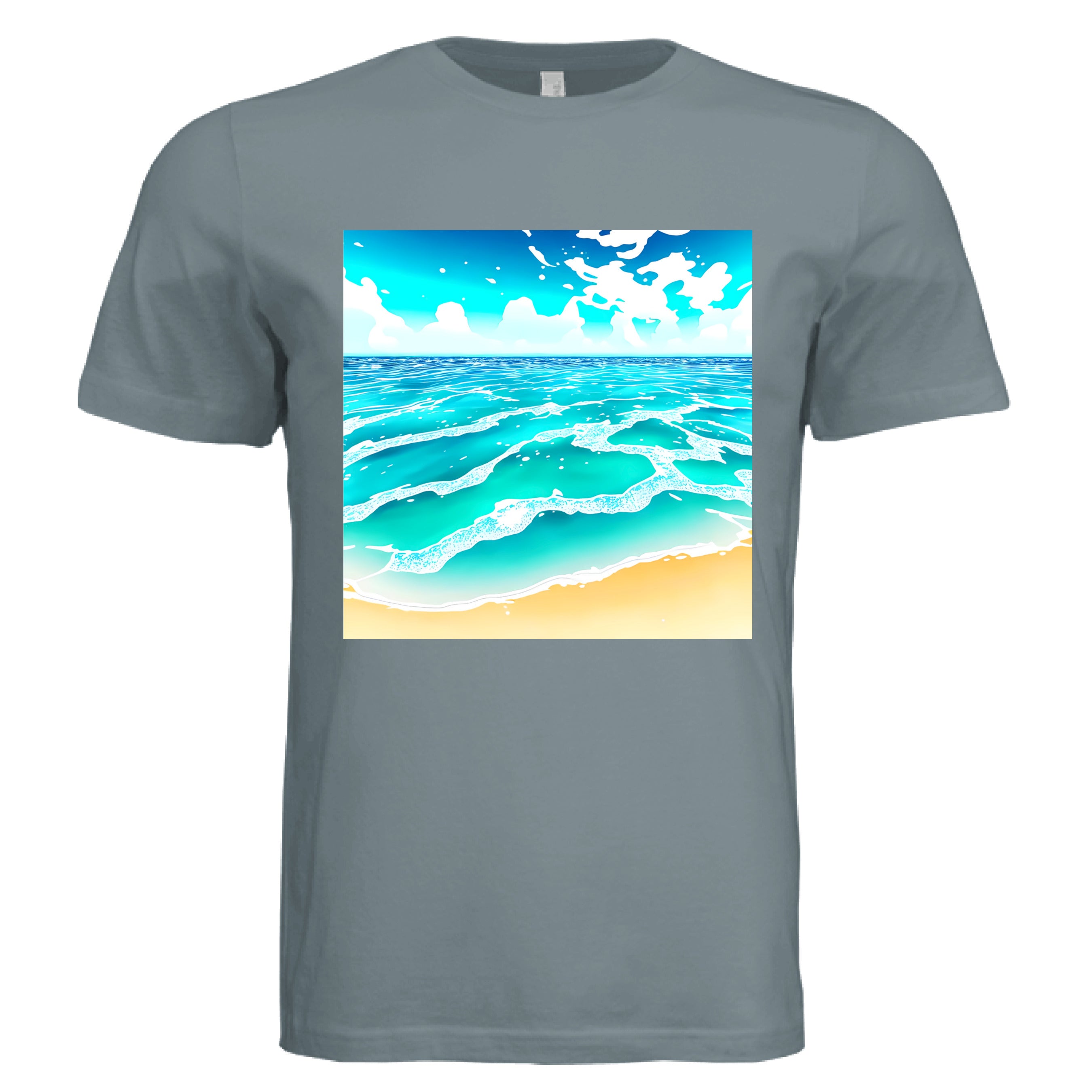 This is the Blue Storm Beach Life T-Shirt by Lee Hansheng Studios. This showcases the front of the shirt. The squared illustration captures rolling turquoise waves, crisp white foam, and a stretch of golden sand under a brilliant blue sky that has clouds floating in the horizon. The sky is a gradient from light blue to darker blue. The shirt is against a white background.