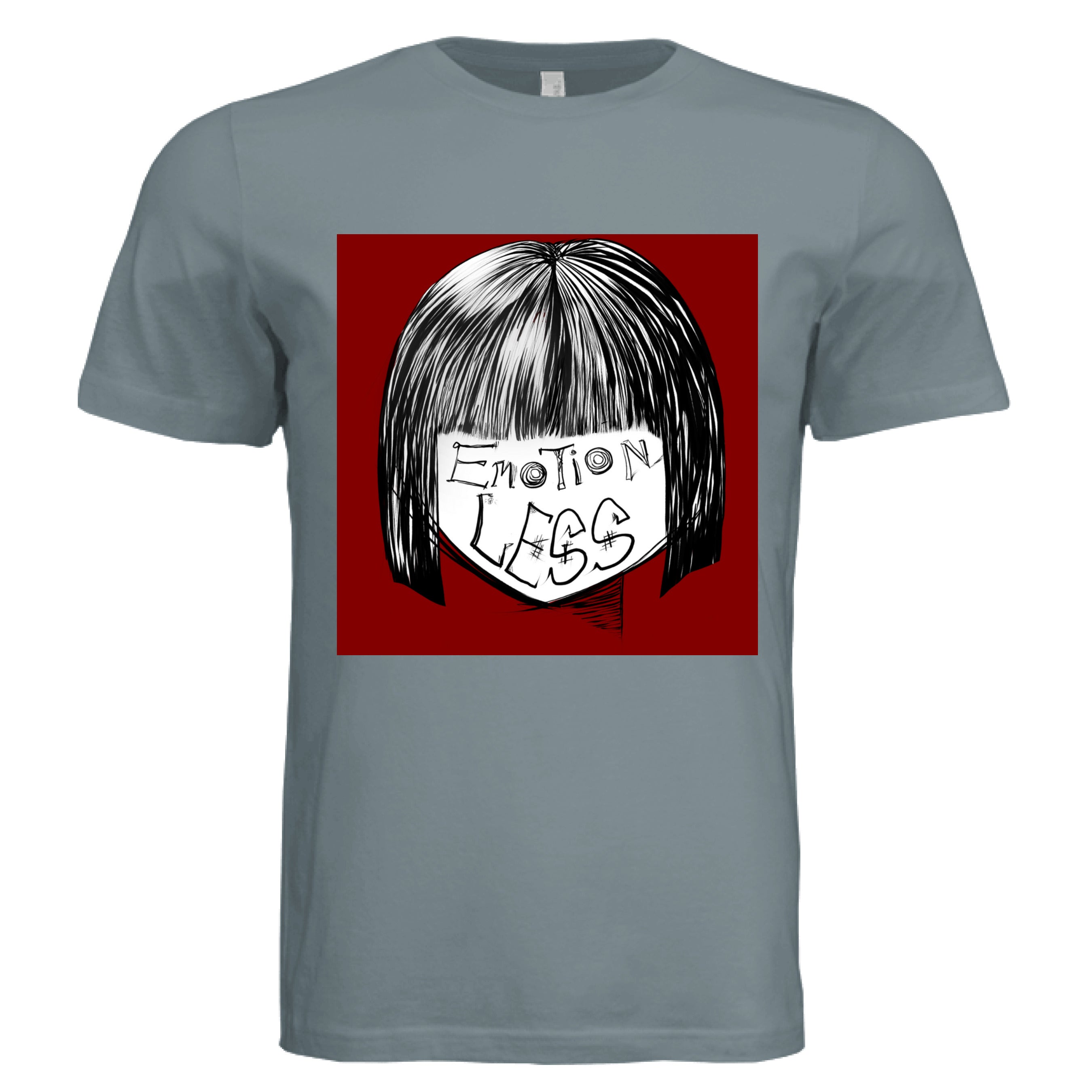 This is the Blue Storm Emotionless T-Shirt by Lee Hansheng Studios. This is showcasing the front. This illustration is squared and features exploring themes of identity, silence, and hidden emotion through stark contrasts of black, white, and deep red. There are the words,"Emotionless" written in black on the face. Hair is white and black and the background is a dark deep red. The shirt is against a white background.