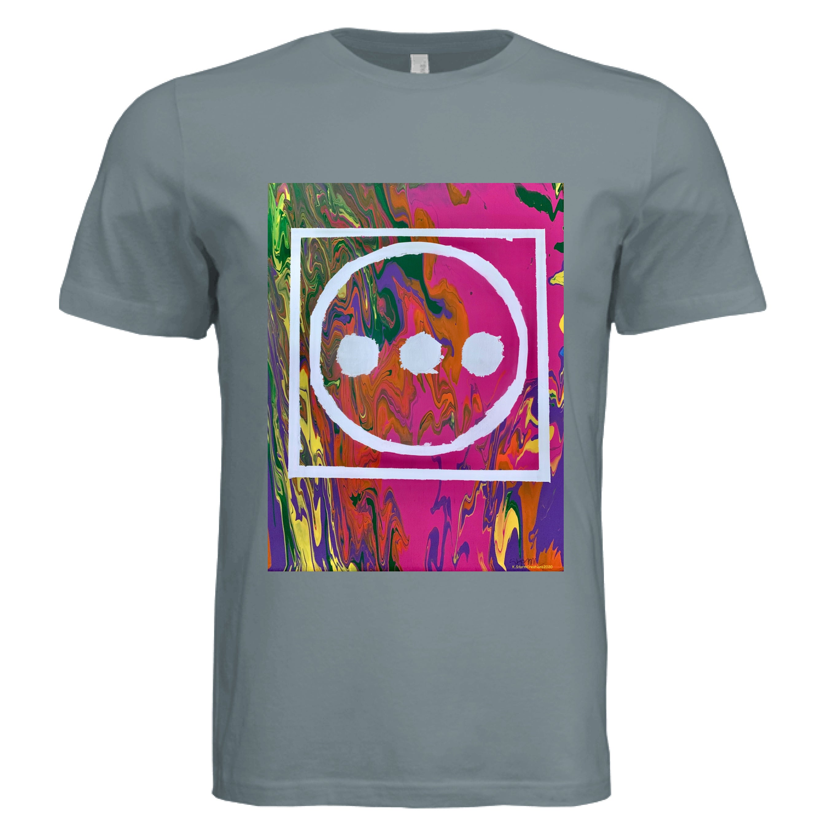 This is the Blue Storm High T-Shirt by Storm Garden Studio. This image is showcasing the front of the shirt. The illustration is vibrant with pink, orange, yellow, green and purple colors in the background with "...", outlined circle and outline square in white. It is against a white background.