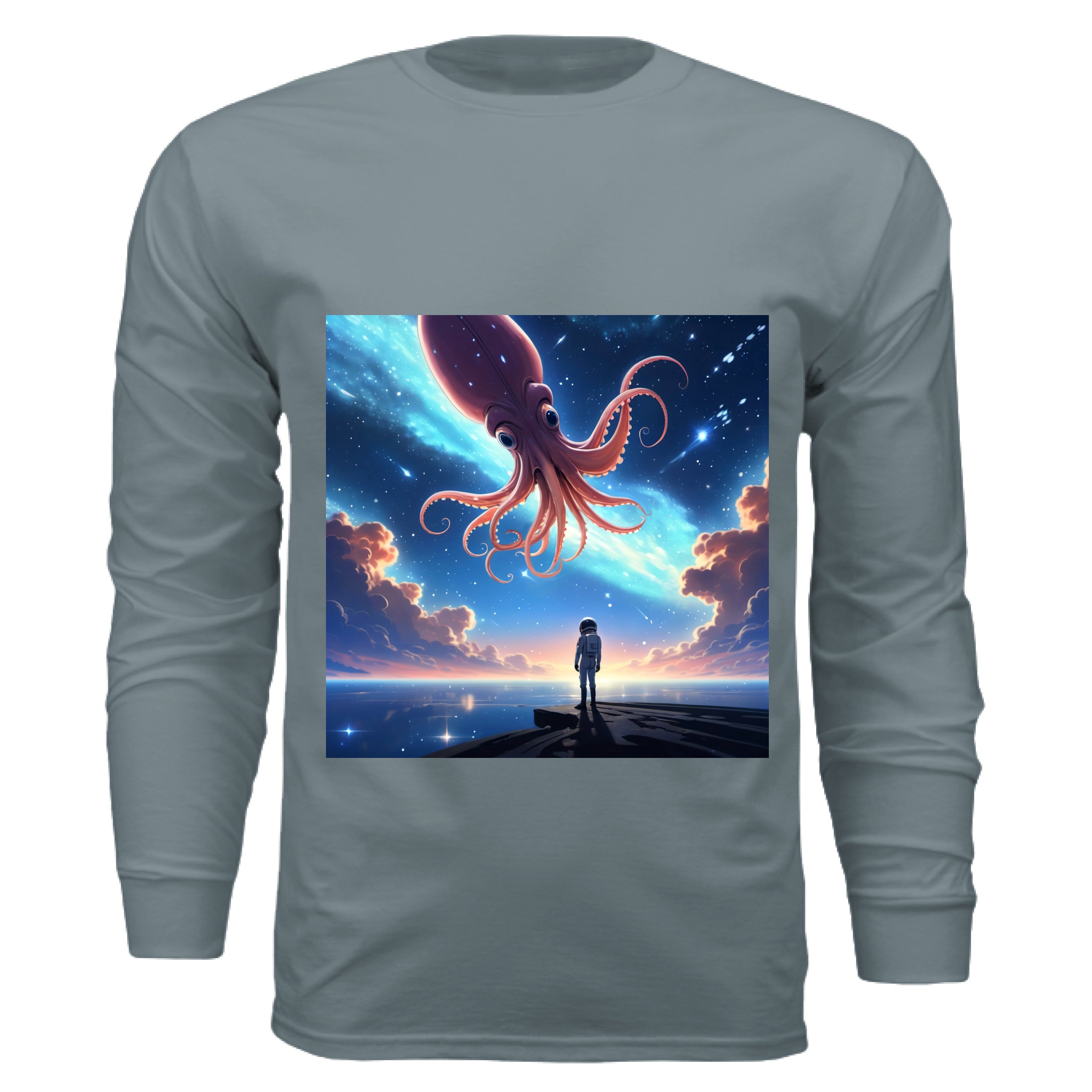 This is the Blue Storm Star Maker Long Sleeve by Lee Hansheng Studios. The illustration features a lone astronaut in white, standing on a dark surface gazing at a pink octo-squid alien, drifting through a sky. The sky is alive with stars, nebulae, and clouds. The clouds are drifting up at the right and left with pink/blue hues. The sky is a light blue and the drifting stars behind the animal is a light blue. It is against a white background.