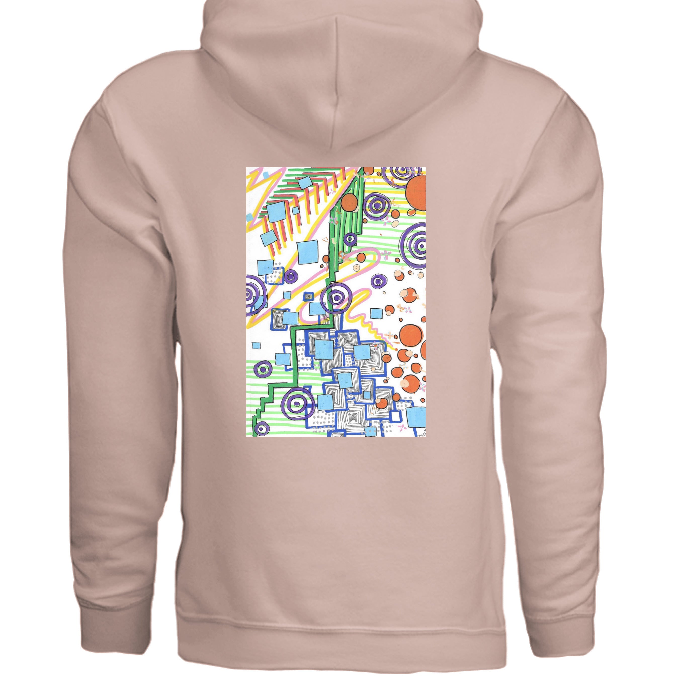 This is the Blush Pink City of Oz Hoodie by Storm Garden Studio. This image is showcasing the back of the hoodie. The illustration is rectangular and geometric. It has a mix of circles, lines, waves, dots, thorughout the design. It is a mix of colors that are light blue, orange, green, orange, yellow and purple. The background is white for the illustration. The illustration is right below the hood. It is against a white background.