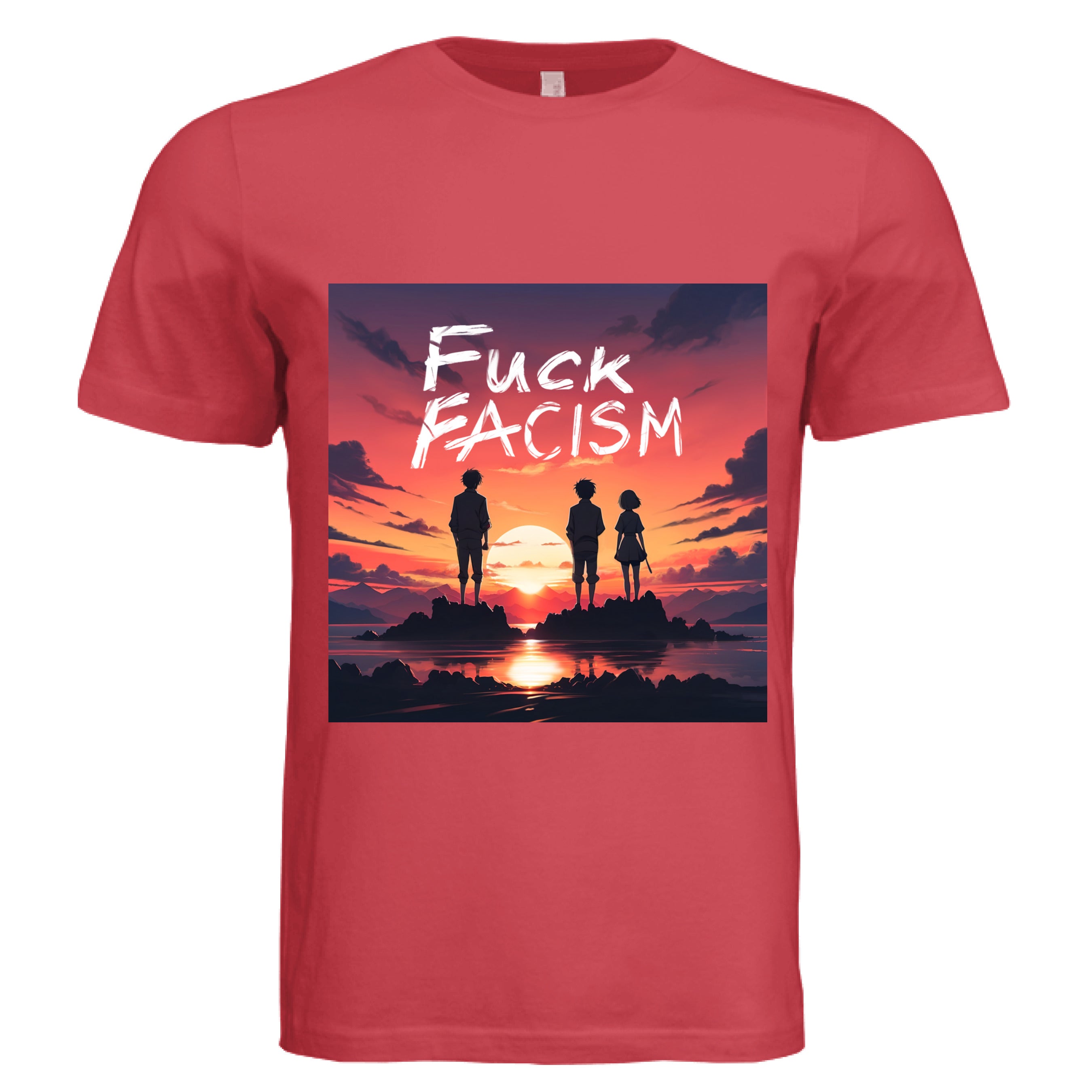 This is the Canvas Red Fuck Fascism T-Shirt by Lee Hansheng Studios. This is showcasing the front of the shirt. The illustration has a blazing yellow/red sunset sky, three figures, two guys, one lady stand united, their silhouettes facing towards the sunset on rocky land floating in the middle of the water. The words in white, "FUCK FACISM" near the top. Clouds surrounding the right and left of the shirt. The white size label can be seen from the back of the shirt. It is against a white background.