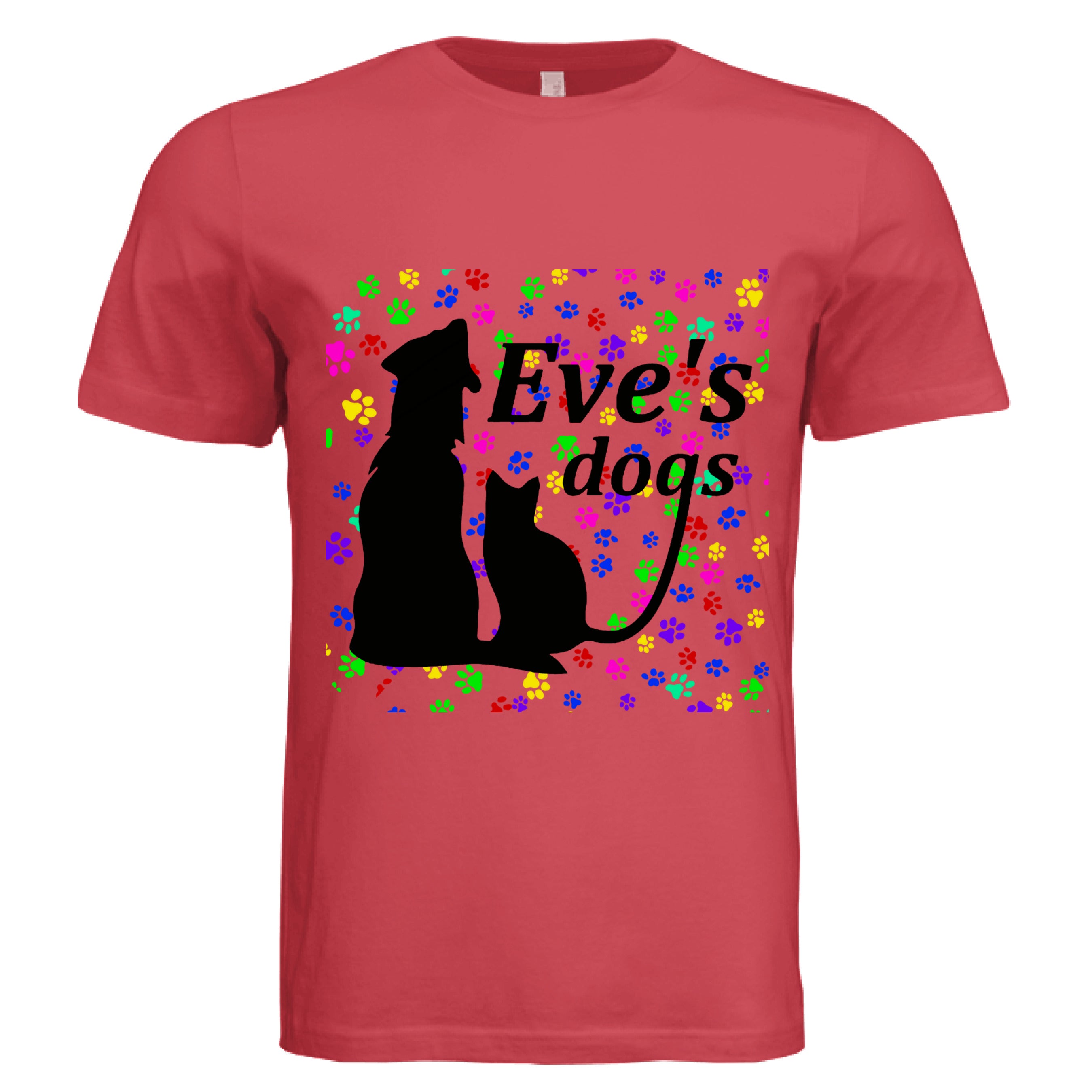This is the Canvas Red Paws on Paws Adopt Eve's Dogs T-Shirt to help raise awareness and adopt. This is showcasing the front of the shirt. There is an image of their logo which is in black writing of "Eve's Dogs". The "g" connects to the tail of the cat who is sitting next to the dog. Both are black shadows. The background is colorful paw prints which is bright green, blue pink, yellow and red. The white size label can be seen at the inside of the shirt. It is against a white background.