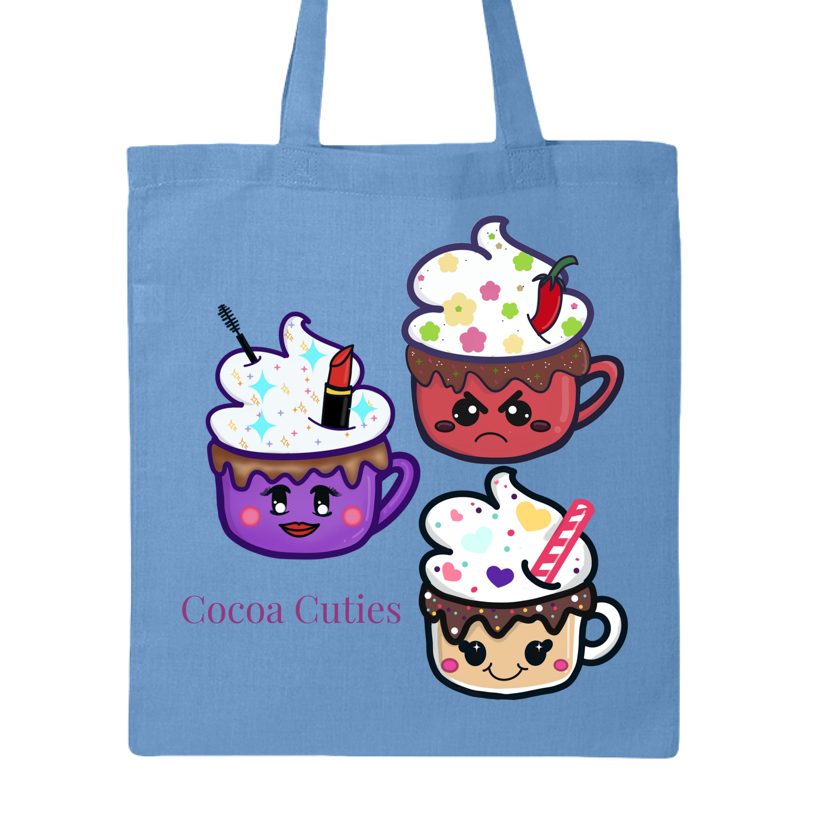 Carolina Blue Cocoa Cuties Canvas Tote by Dazzle & Daggers Design illustrations on front.Purple cup,smiling face,red lips,round pink cheeks,large eyes w/mascara,w/sparkly toppings,whipped cream,red lipstick,mascara tip.Red cup,angry face,circular eyes,brown oval cheeks,mouth frowning,sparkly chocolate dripping on the cup topped w/flowery whipped cream and a chili.Tan glass cup,dots sprinkled chocolate,hearts whipped cream,red&white straw,cherryface w/pink cheeks,wing tipped eyes."Cocoa Cuties"purple font.