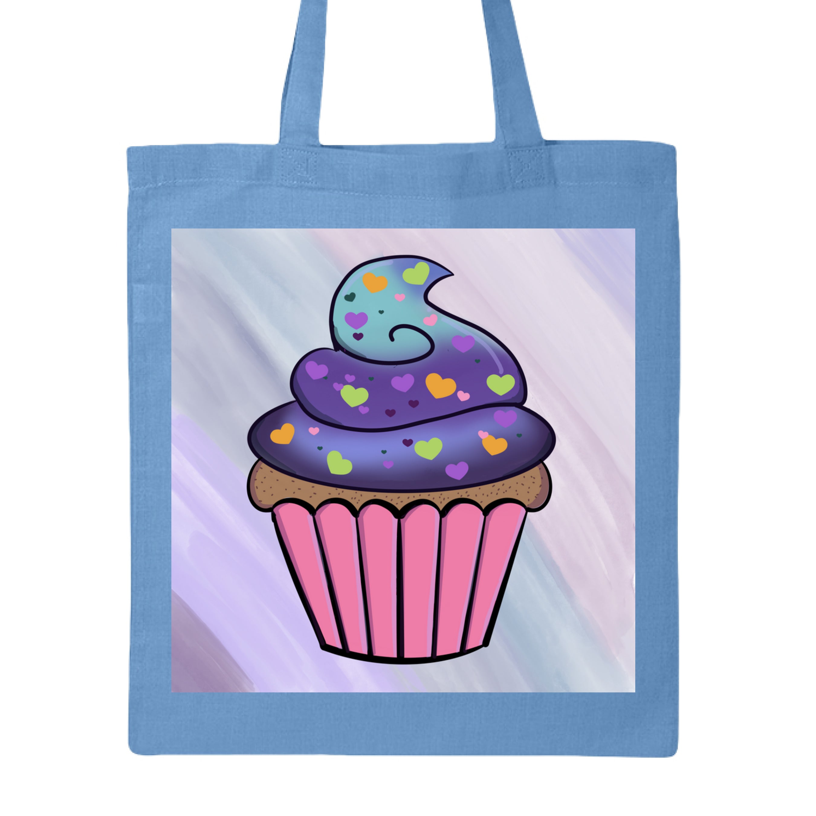 This is the Carolina Blue Cosmic Cupcake Canvas Tote by Dazzle & Daggers Design. This is showcasing the front of the tote. The illustration has a pastel purple, pink, and blue slanted brushstroke background. The cupcate is in the middle with a pink wrapper, brown/tan dotted cupcake with a gradient frosting. The frostin is blue and purple with green, orange, purple, dark purple hearts all over. It is against a white background.