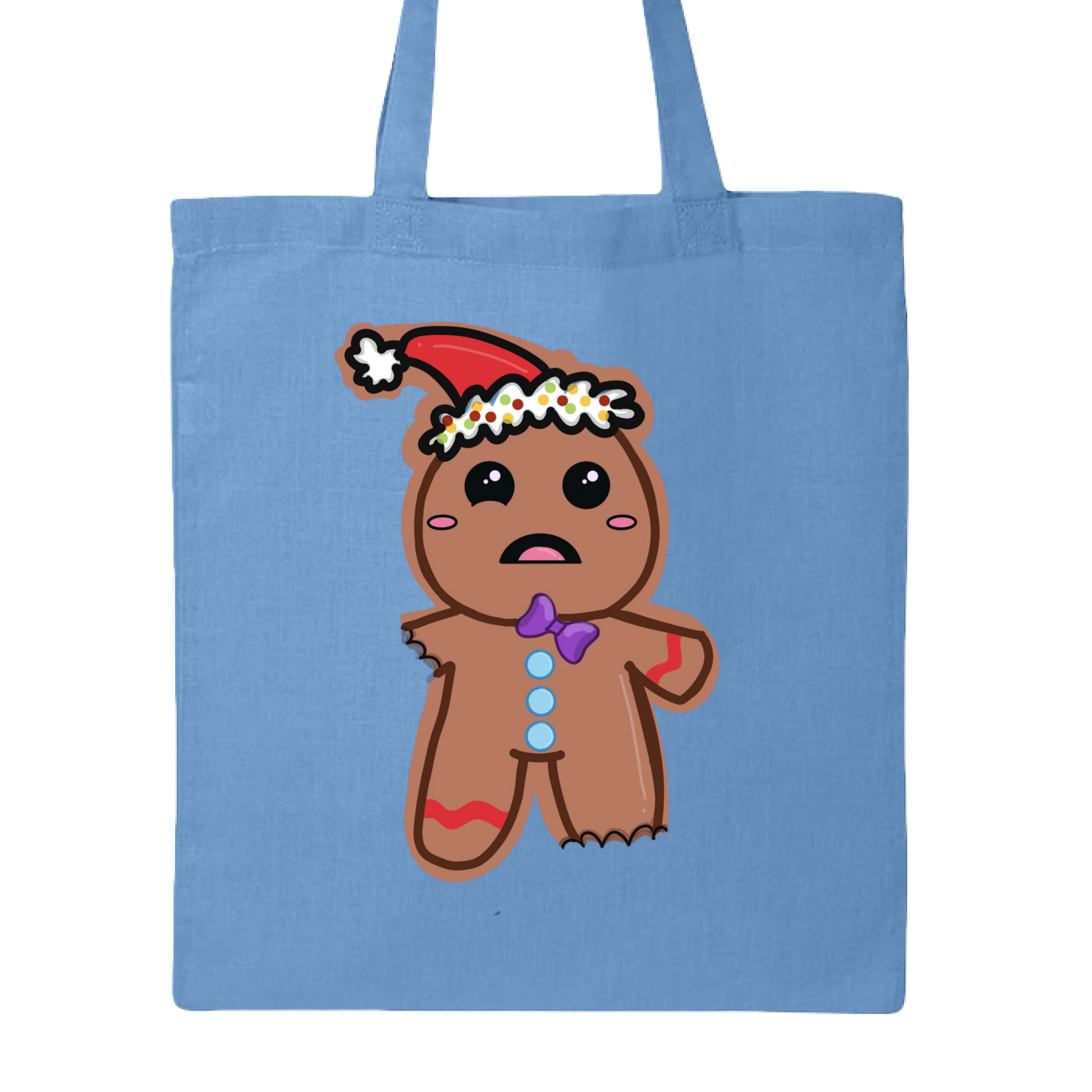 This is the Carolina Blue Ginger Bread,Ginger Dead Canvas Tote by Dazzle & Daggers Design.This is showcasing the back of the tote.Illustration is of a brown ginger bread who is wincing in pain.The left leg and right leg have been bitten off.It's wearing a santa hat with a white puff on the tip and around the hat.The puff around the hat is polka dotted with yellow,red and green.Gingerbread has oval pink cheeks,open mouth,pink tongue,slanted purple tie,three light blue bottons through the middle of the body.