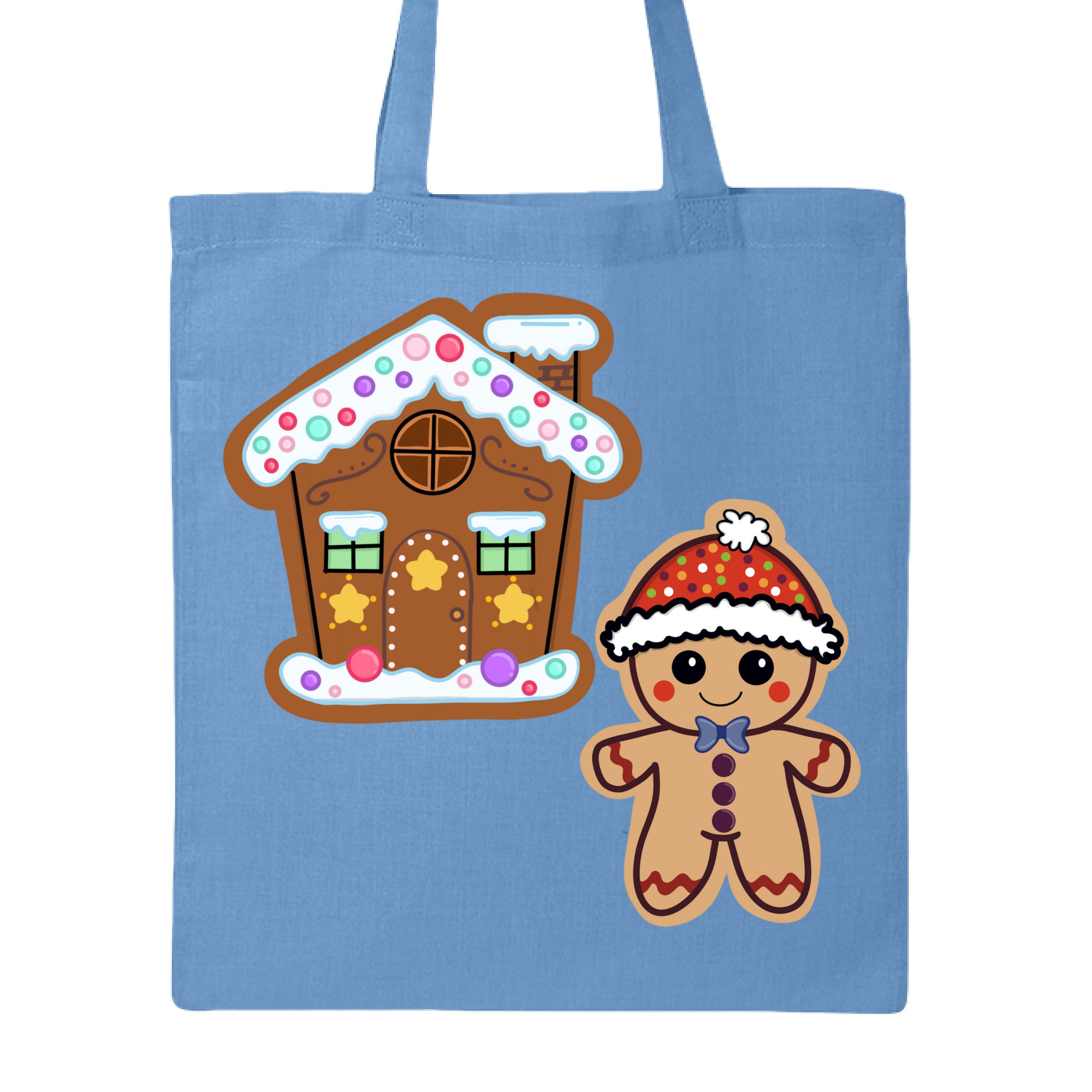 This is the Carolina Blue Ginger Home Canvas Tote by Dazzle & Daggers Design.Showcasing the front of the tote.One is a Alar cheeks,red zigzags on arm and legs.Gingerbread man is wearing a polka dotted hat w/a white puff and lining around the hat.The polka dots are green,blue,purple,white and orange.Gingerbread house is dark brown w/two green glass windows,yellow stars,intricate designed window,snow on the chimney,below the house/roof is spotted snow in red,green,yellow and orange.