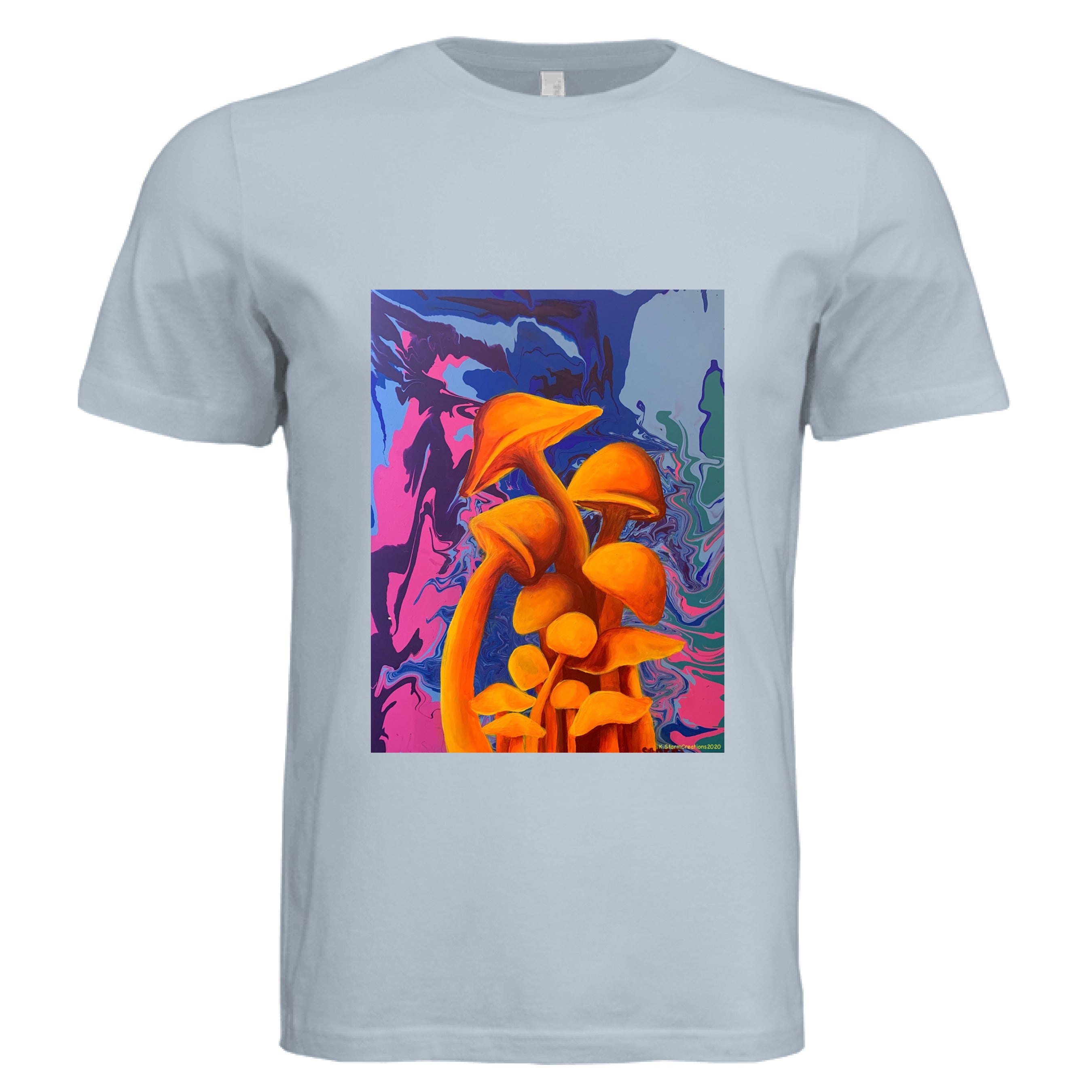 This is the Carolina Blue Mushroom T-Shirt by Storm Garden Studio. This is showcasing the front of the shirt. The illustration is of 11 blazing orange fungis with a swirling background that includes blue, green, dark blue, purple and pink colors. The mushrooms are different shapes and sizes starting form the middle and reaching towards the top. It is against a white background.
