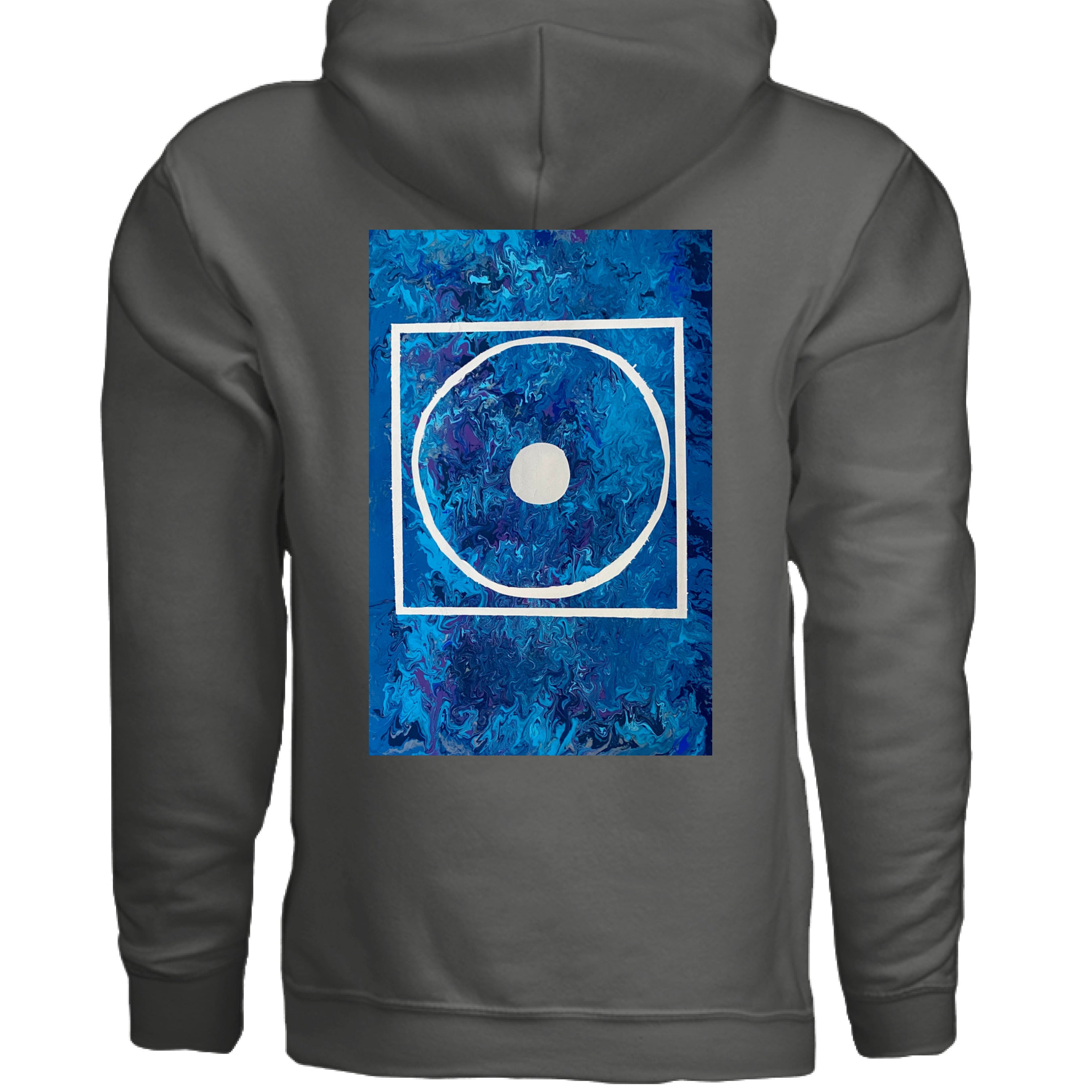 This is the Charcoal Big Low Hoodie by Storm Garden Studio. This is showcasing the back of the hoodie. The illustration is rectangular and has a white filled in dot, within a outlined circle, within a outlined rectangle. The background is a mix and dip of different blues. The back has the hood and right below is the illustration. There isn't anything below the illustration. The hoodie is against a white background.