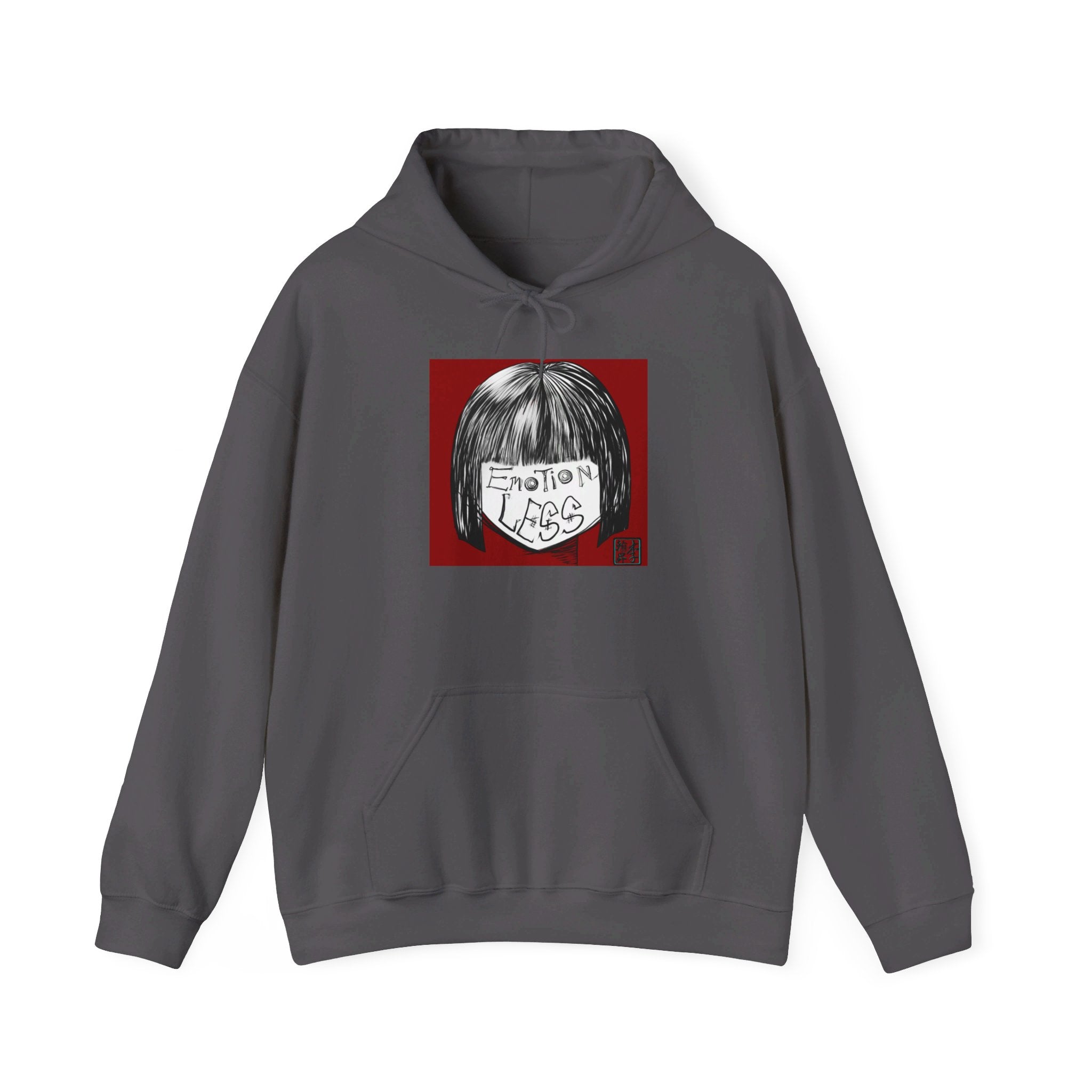 This is the Charcoal Emotionless Heavy Blend Hoodie by Lee Hansheng Studios. This is the image of the front, drawstring in a bowtie that is colormatched. The illustration is squared in the middle, a black haired girl with bangs and her white face has the words, "Emotionless". Behind her is a red background and on the right of the illustration is the Lee Hansheng Studios logo outlined in blue. There is a kangaroo pocket, hemming on the waists and hoodie. The image is against a white background.