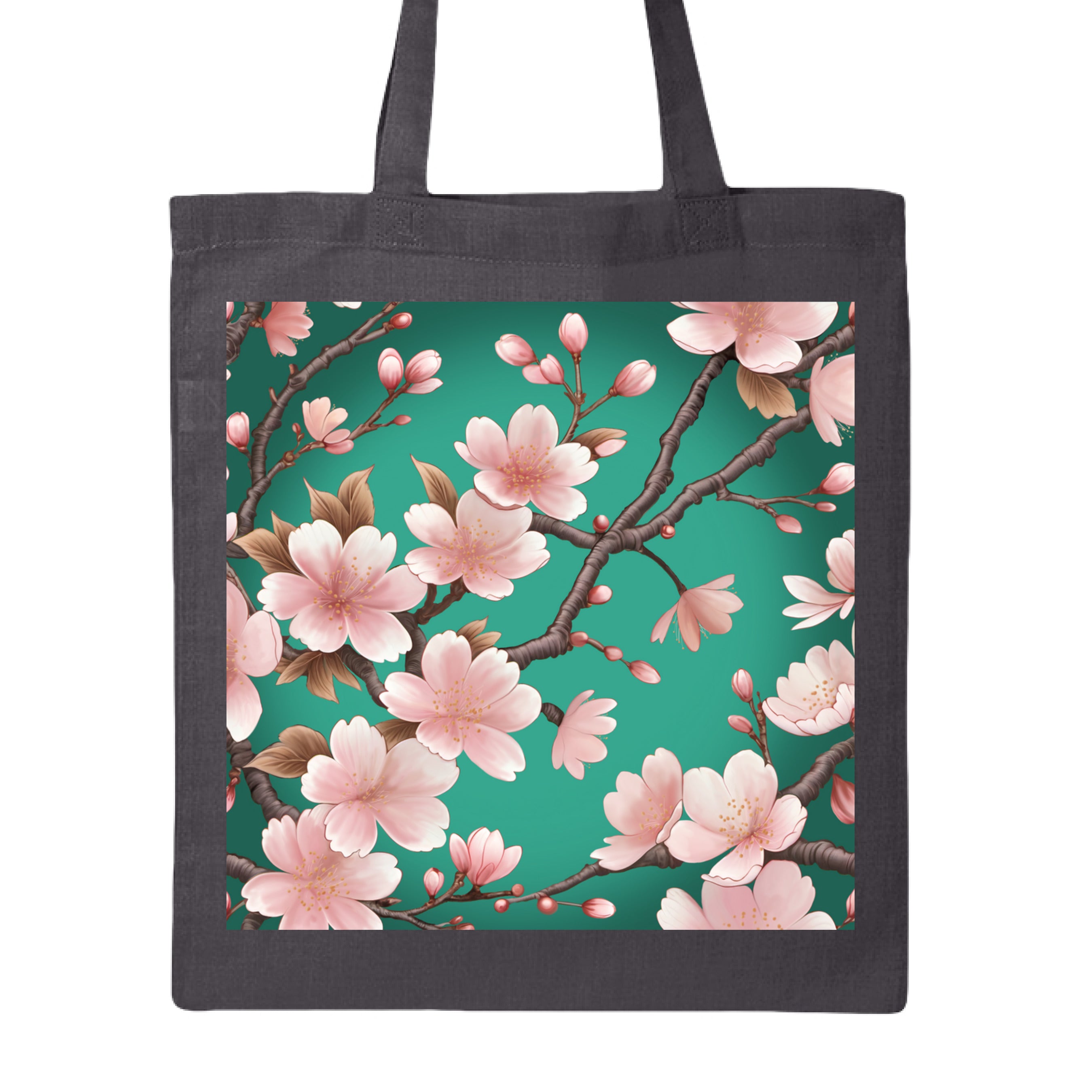 This is the Charcoal Sakura Canvas Tote by Lee Hansheng Studios. This is showcasing the front of the tote. The illustration has a vibrant green background with soft pink cherry blossom blooms of petals on dark brown/grey branches celebrating hanami season. There are fully bloomed flowers and some buds throughout. It is against a white background.