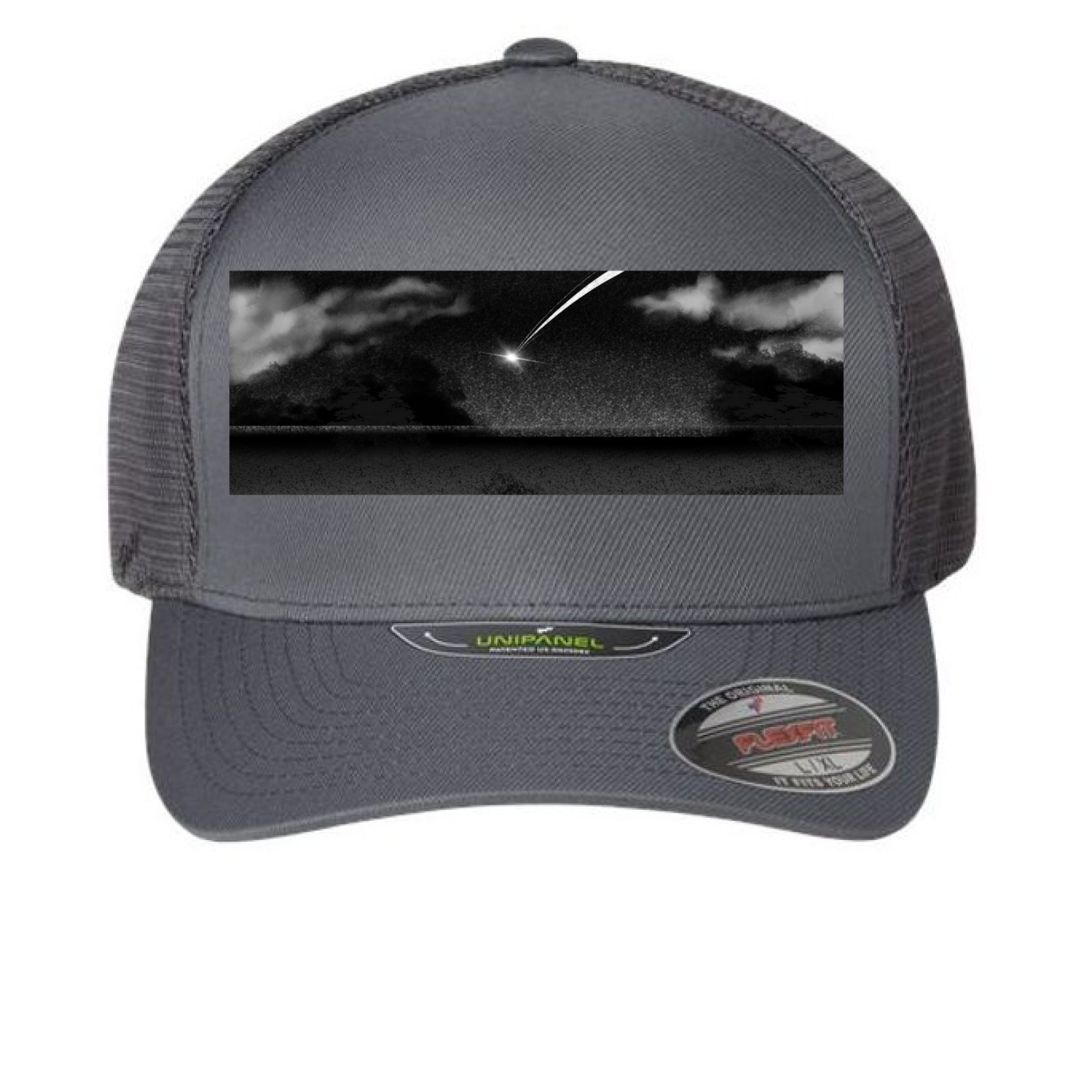 This is the Charcoal Star Fall Cap by Lee Hansheng Studios. This is showcasing the cap from the front. The illustration is a meteor streaking through the sky. It is a moody piece that as gradients of black and grey, a little pixelated with white clouds in the forefront. The meteor is also white. It is against a white background.