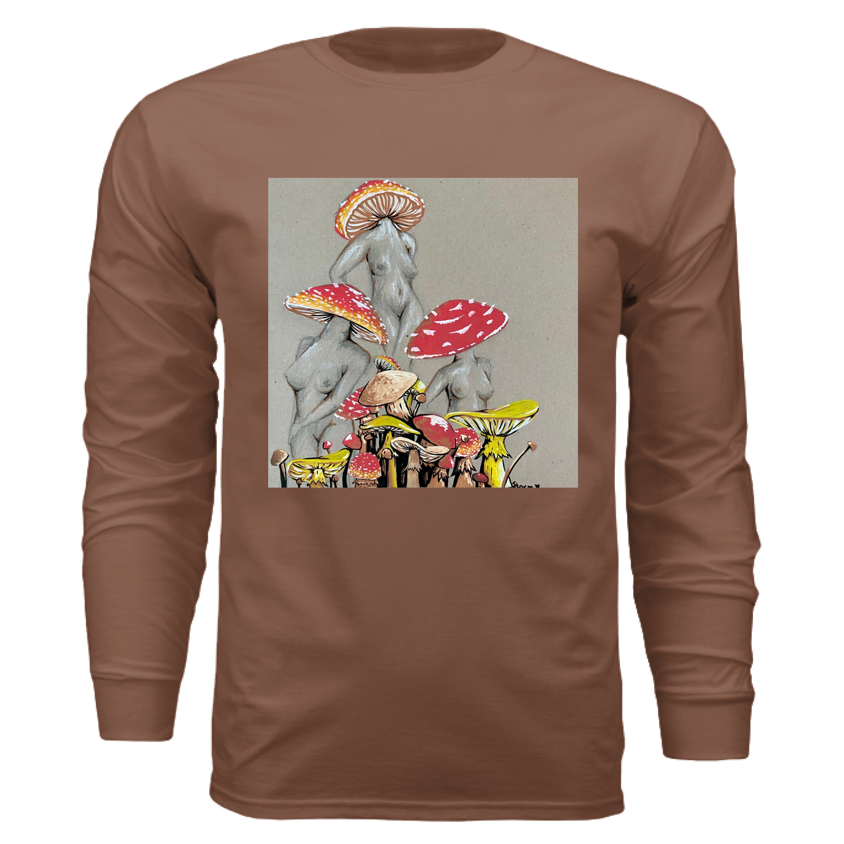 This is the Chestnut Miss Amanita Long Sleeve by Storm Garden Studio. This is showcasing the front. This illustration is on tan/grey background. There are three fusions of female human anatomy and mushroom fungi. Their heads are different styles of mushrooms, bodies are a gray/white outlined in brown. Below are different mushrooms and shapes with a mix of tan, red, white and yellow colors. It is against a white background.