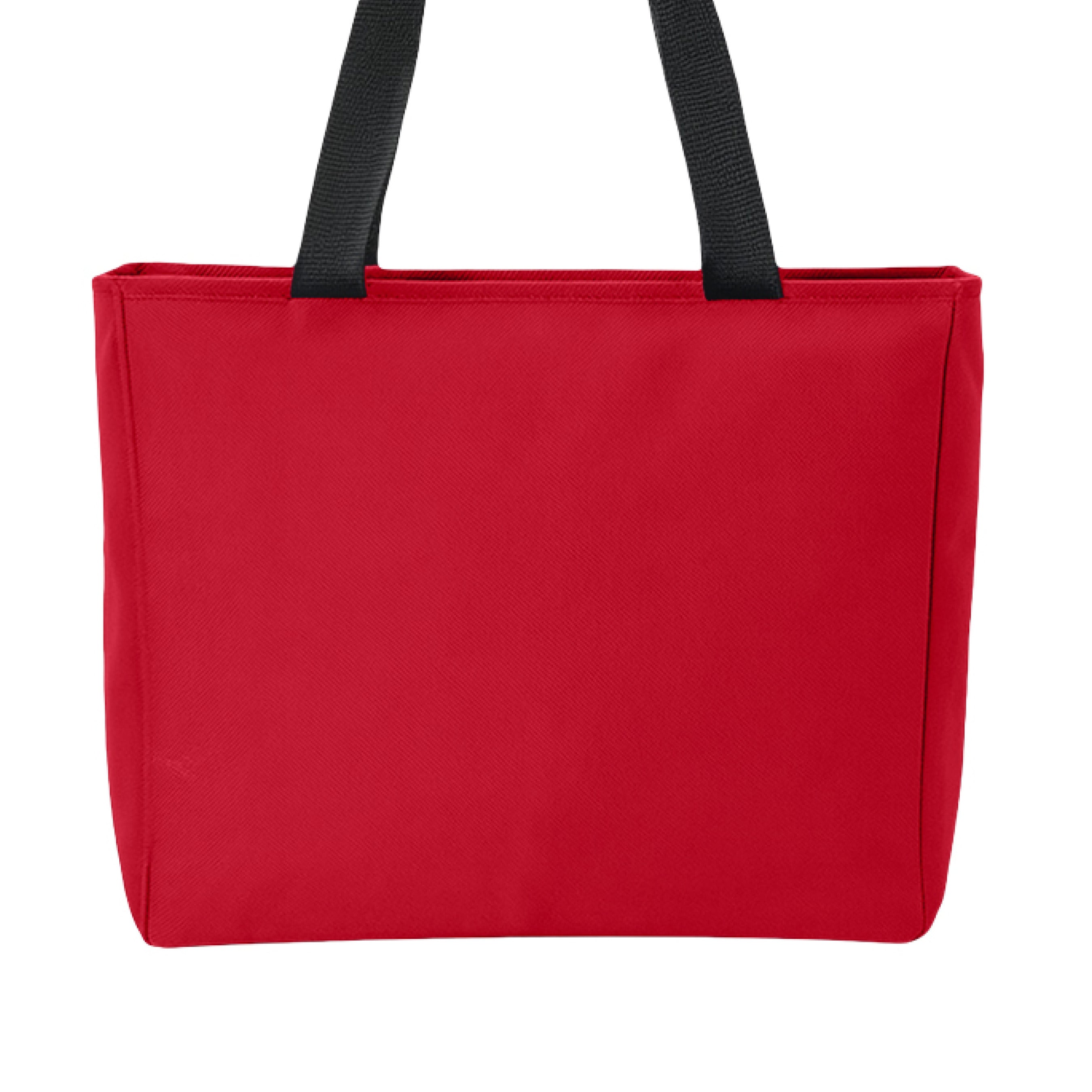 This is the Chili Red Emotionless Zip Tote by Lee Hansheng Studios. This is showcasing the back. The handles are black. There are no illustrations or images. It is against a white background.