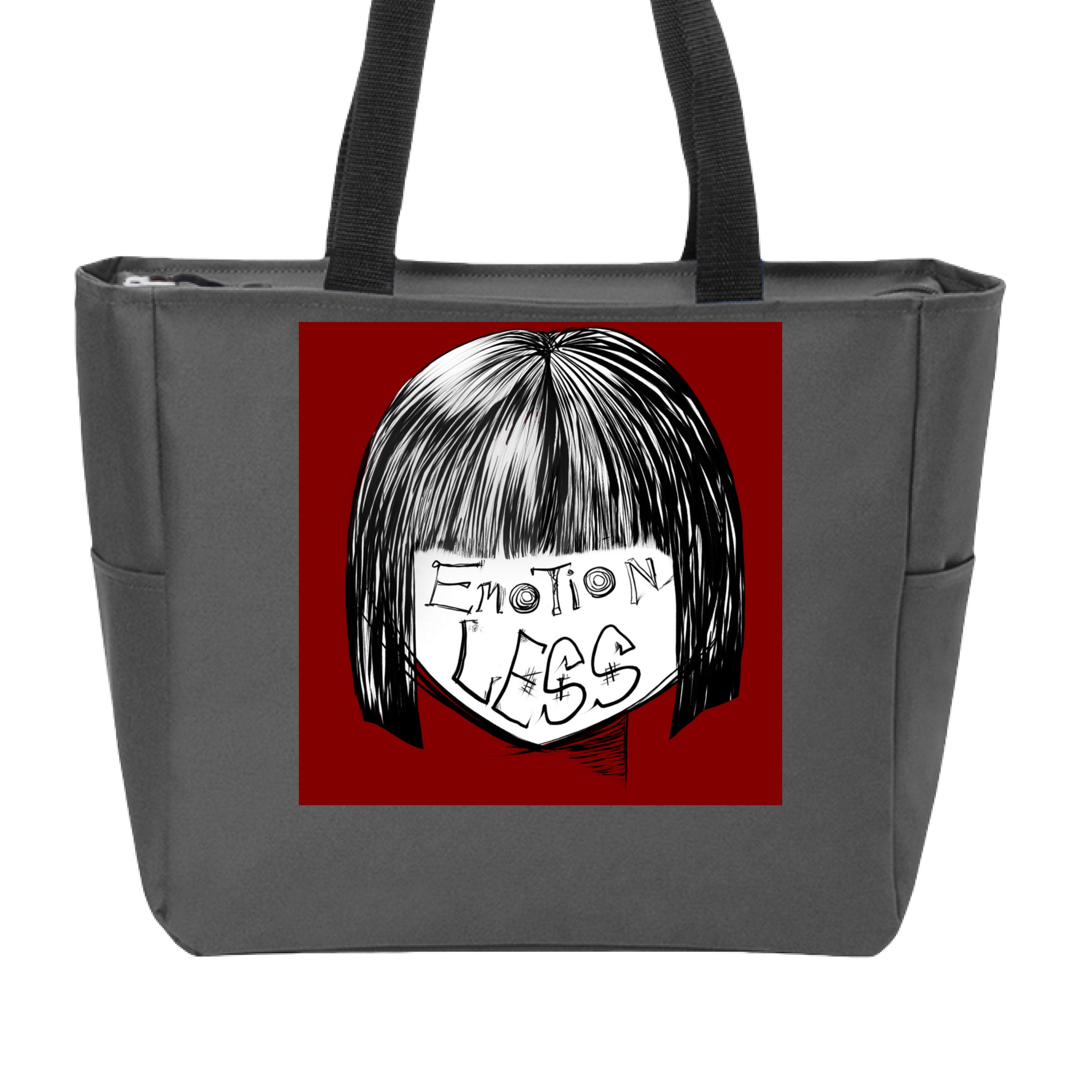 This is the Dark Charcoal Emotionless Zip Tote by Lee Hansheng Studios. This is showcasing the front. The handles are black. This illustration is squared and features exploring themes of identity, silence, and hidden emotion through stark contrasts of black, white, and deep red. There are the words,"Emotionless" written in black on the face. Hair is white and black and the background is a dark deep red. The tote is against a white background.