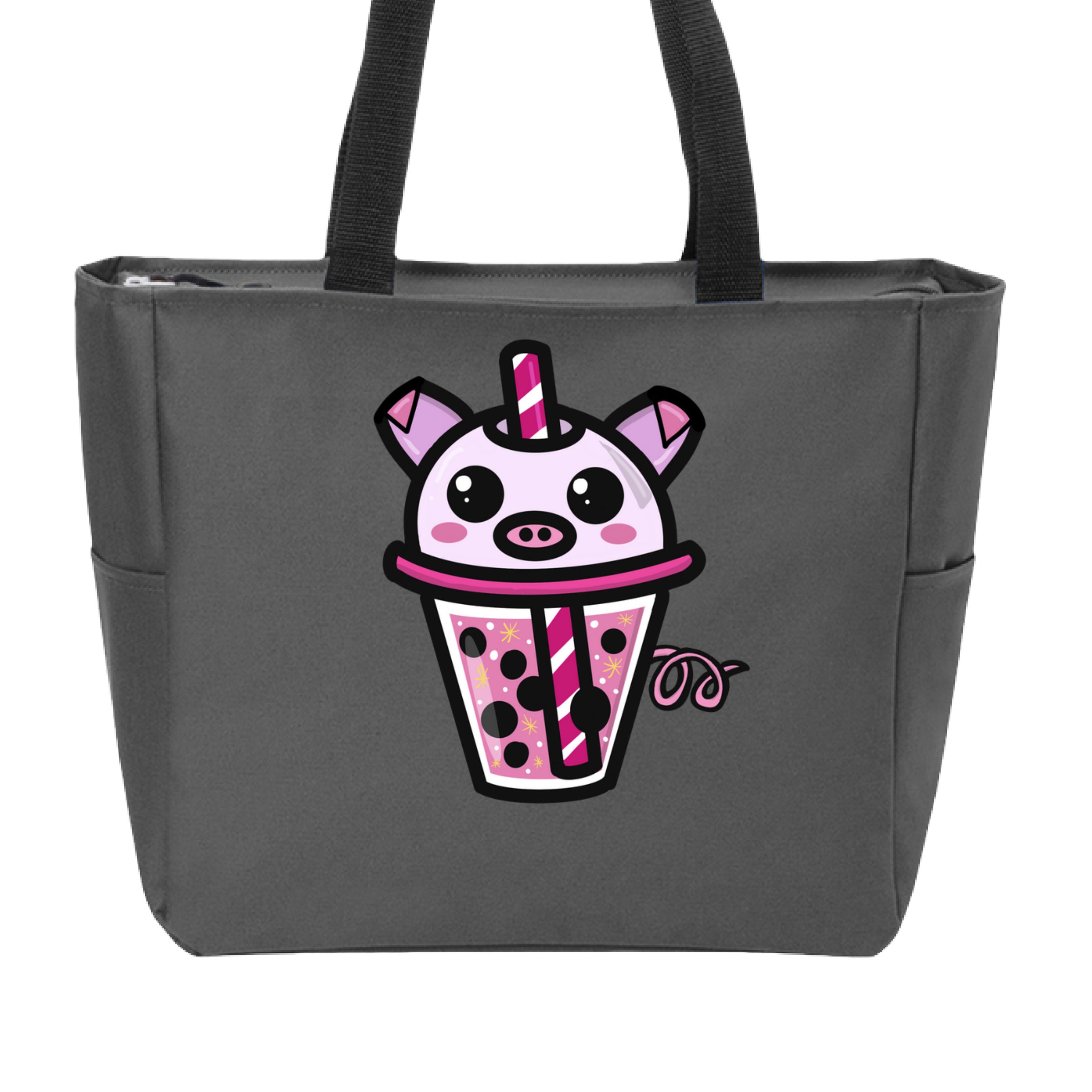 This is the Dark Charcoal Piggy Boba Zip Tote by Dazzle & Daggers Design. This is showcasing the front of the tote. The handles on the zip tote are black. The Piggy Boba is pink all over, cute snout, oval cheeks, pig ears and tails, glistening eyes and the glass has pink liquid, boba, yellow sparkles, white dots and peppermint swirl like straw. It is against a white background.