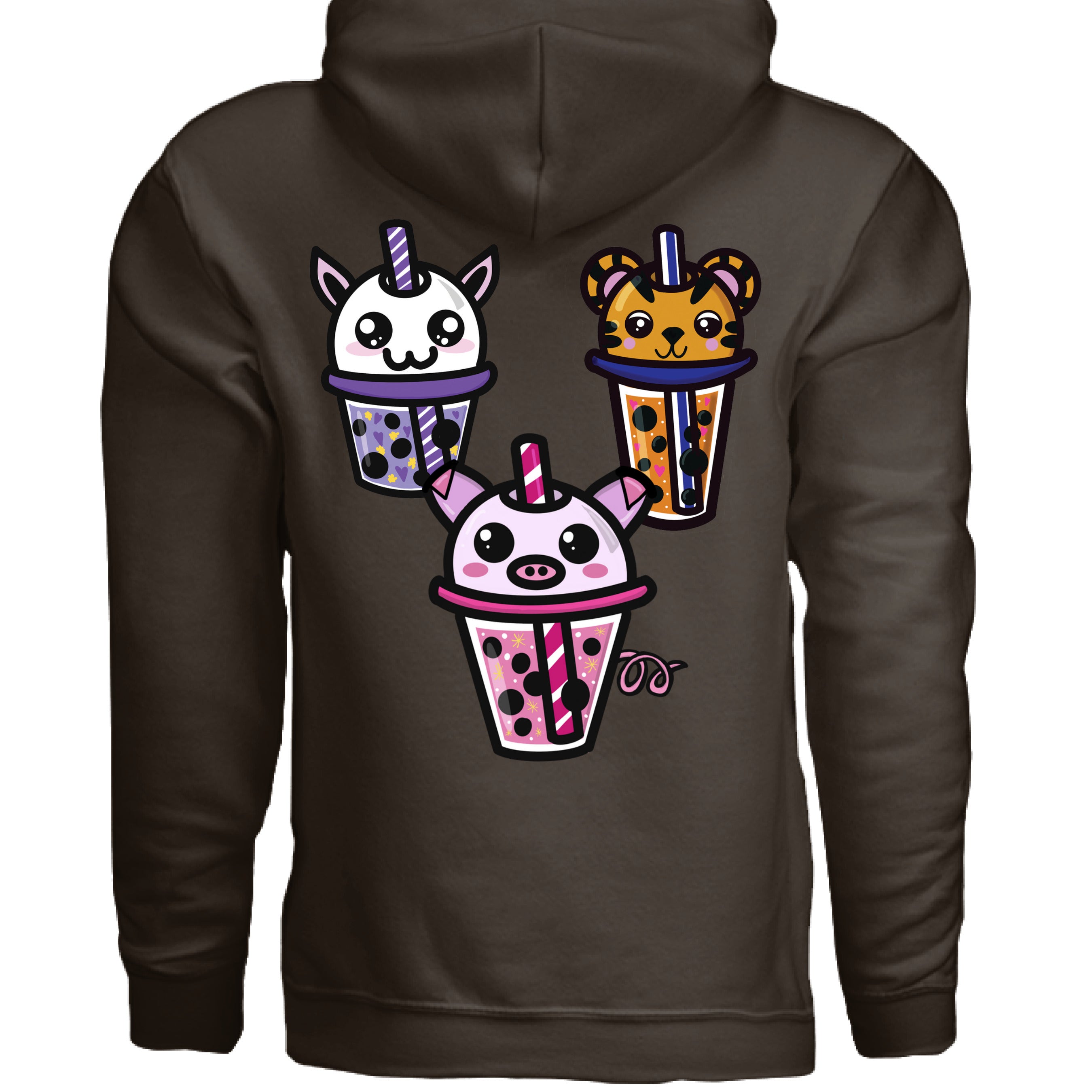 This is the Dark Chocolate Boba Friends Hoodie by Dazzle & Daggers Design.This is the back,three kawaii designs.The Piggy Boba is pink all over and the glass has pink liquid, boba, yellow sparkles,white dots and peppermint swirl like.Thai Tea Tiger is orange,orange liquid,black boba,white dots,red hearts,blue and white striped straw.The Cryptid Boba is white, urple and white swirl straw,purple liquid,black boba,yellow stars and purple hearts.The hood with drawstrings and large pocket below the design.