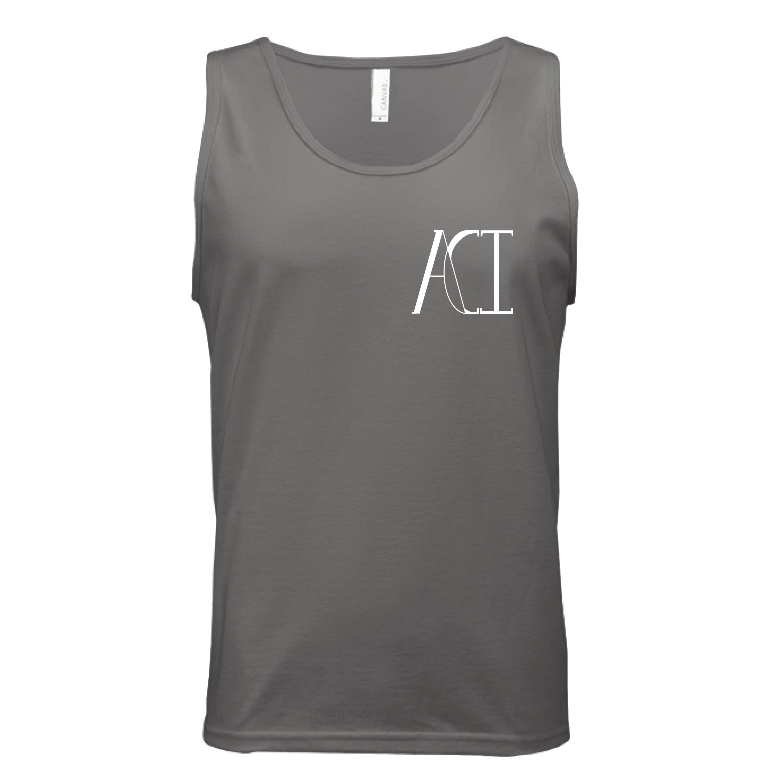 This is the Dark Grey ACI Tank by the Art Collective International. This is showcasing the front of the tank. The image on the left breast pocket is of the ACI logo. It is printed in white and the size label can be seen on the back of the tank. The tank is against a white background.