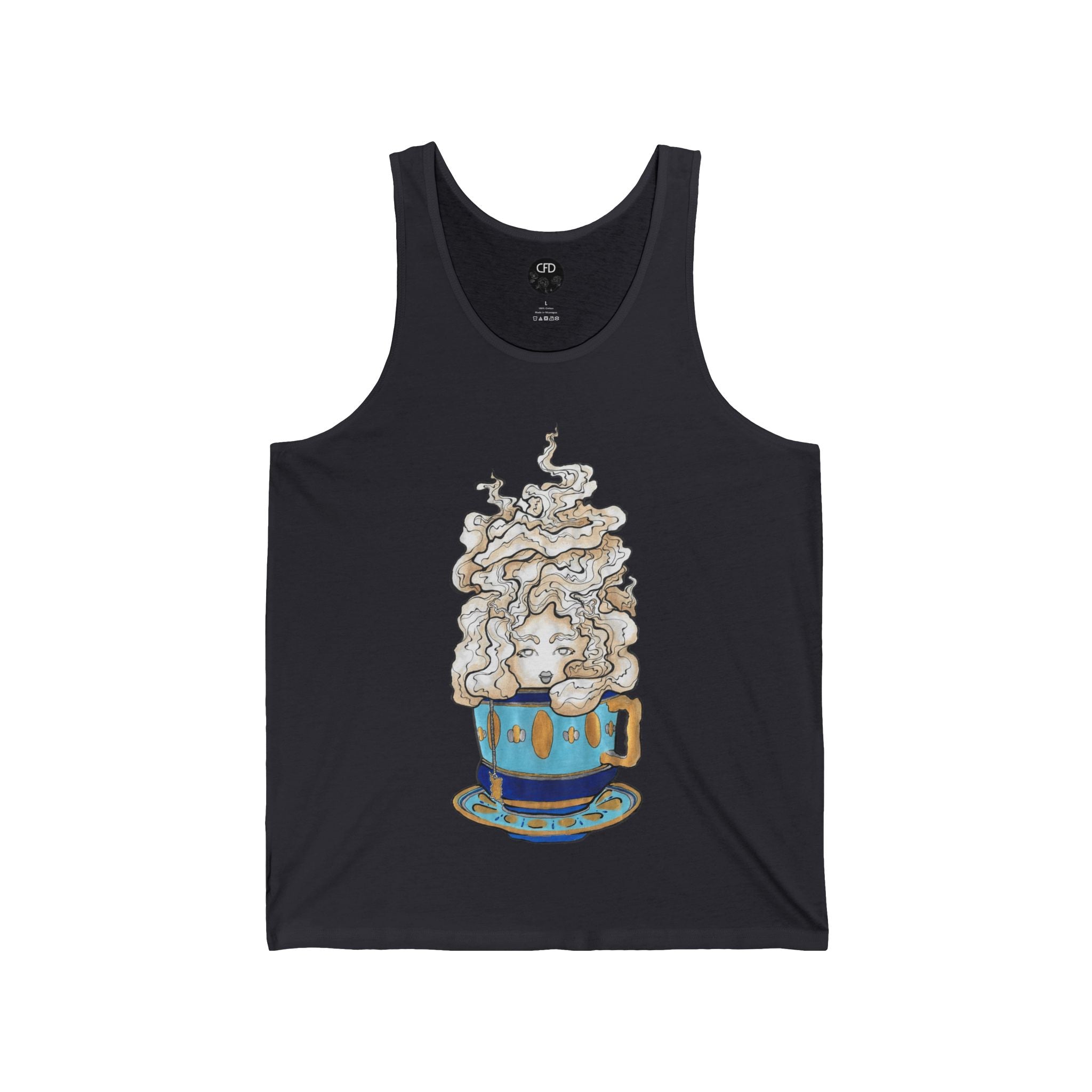 This is the Dark Grey Earl Grey Tank by Chris Foster Design. This showcases the front of the tank. The illustration is of a gold, light blue and dark blue teacup with a tan, yellow and white steam. The steam is swirly and goes up and outwards. In the middle is a lady's face. The circular studio logo is on the inside of the tank printed in white, the size label is printed in white. It is against a white background.