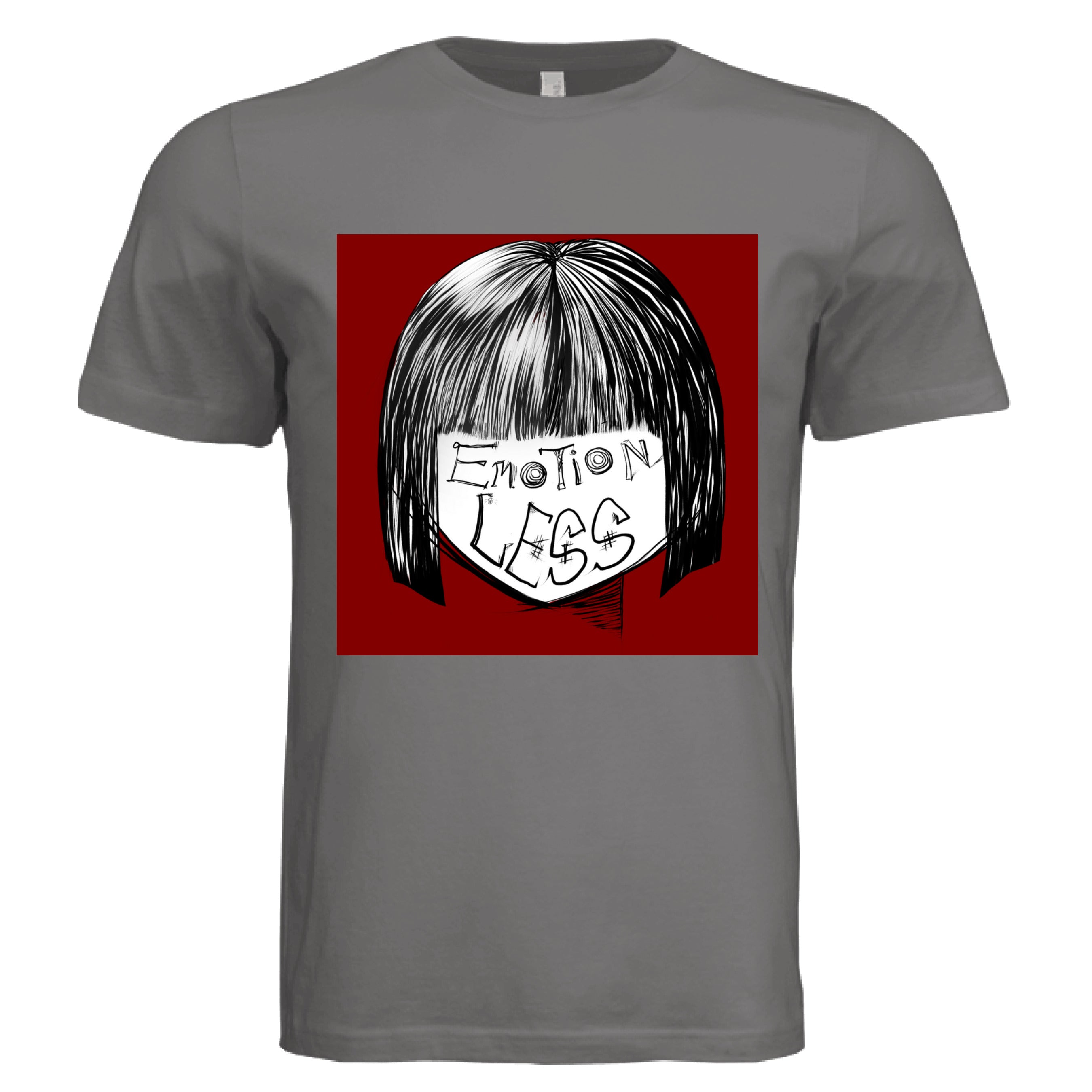 This is the Dark Grey Emotionless T-Shirt by Lee Hansheng Studios. This is showcasing the front. This illustration is squared and features exploring themes of identity, silence, and hidden emotion through stark contrasts of black, white, and deep red. There are the words,"Emotionless" written in black on the face. Hair is white and black and the background is a dark deep red. The shirt is against a white background.