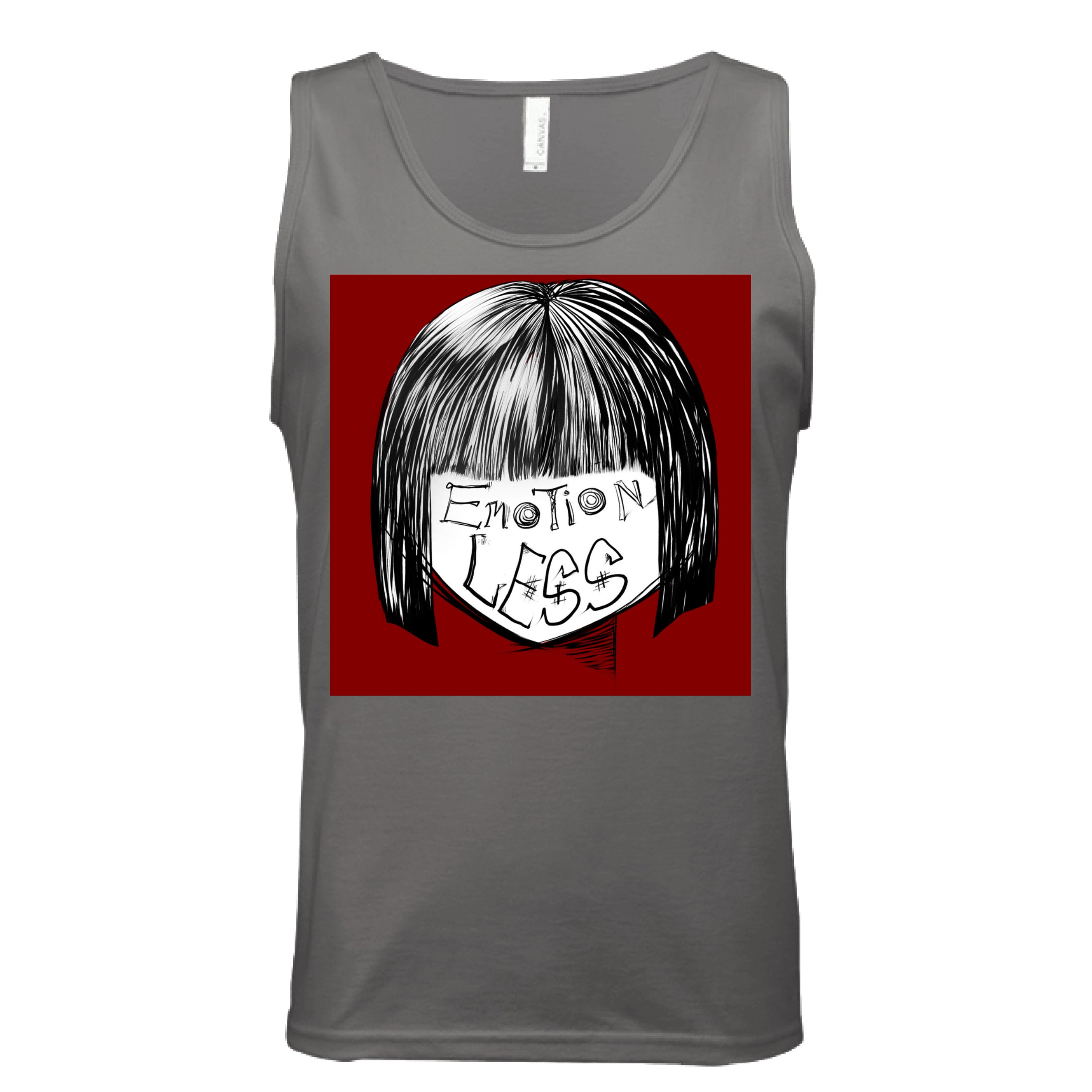 This is the Dark Grey Emotionless Tank by Lee Hansheng Studios. This is showcasing the front. This illustration is squared and features exploring themes of identity, silence, and hidden emotion through stark contrasts of black, white, and deep red. There are the words,"Emotionless" written in black on the face. Hair is white and black and the background is a dark deep red. The tank is against a white background.