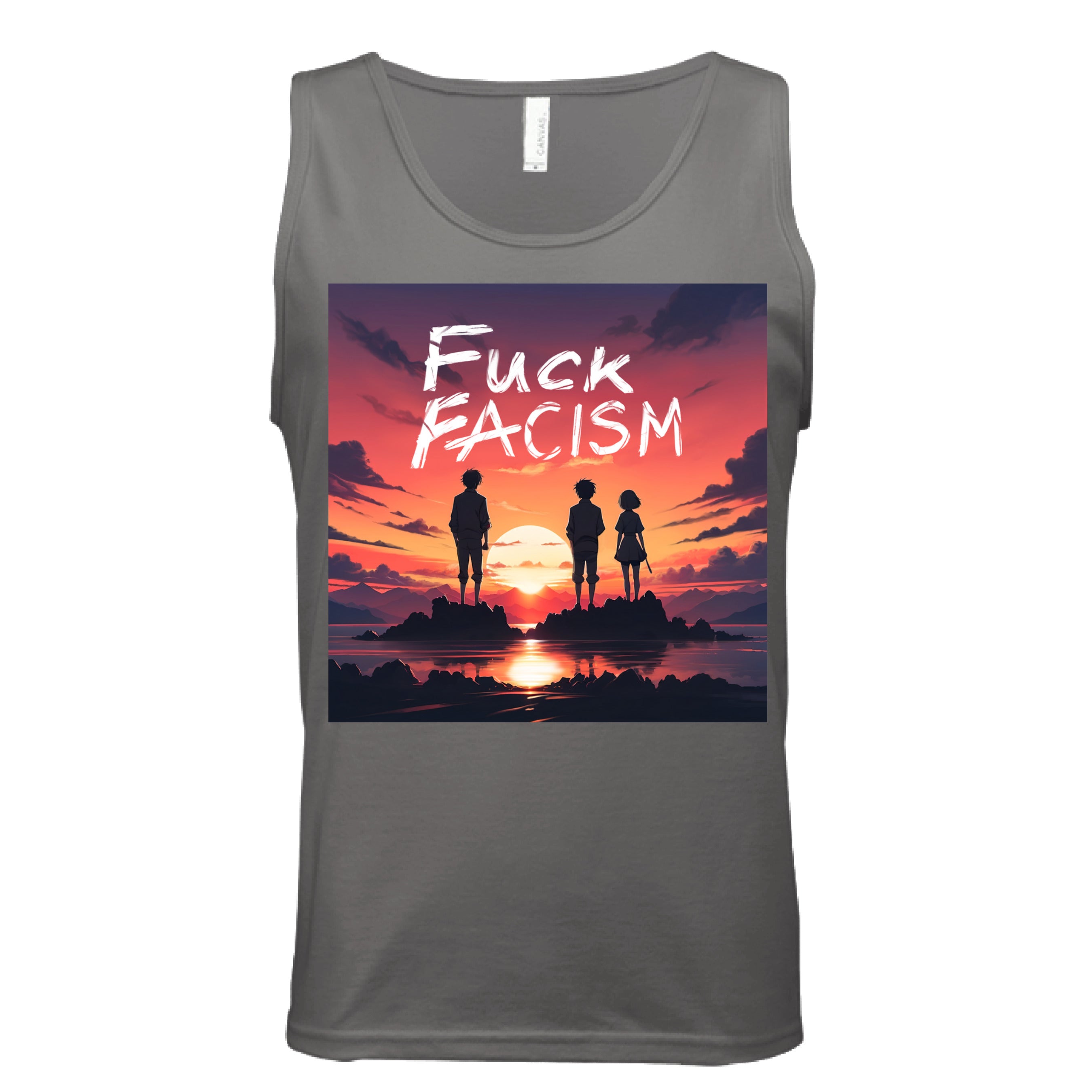 This is the Dark Grey Fuck Fascism Tank by Lee Hansheng Studios. This is showcasing the front of the tank. The illustration has a blazing yellow/red sunset sky, three figures, two guys, one lady stand united, their silhouettes facing towards the sunset on rocky land floating in the middle of the water. The words in white, "FUCK FACISM" near the top. Clouds surrounding the right and left of the tank. The white size label can be seen from the back of the tank. It is against a white background.