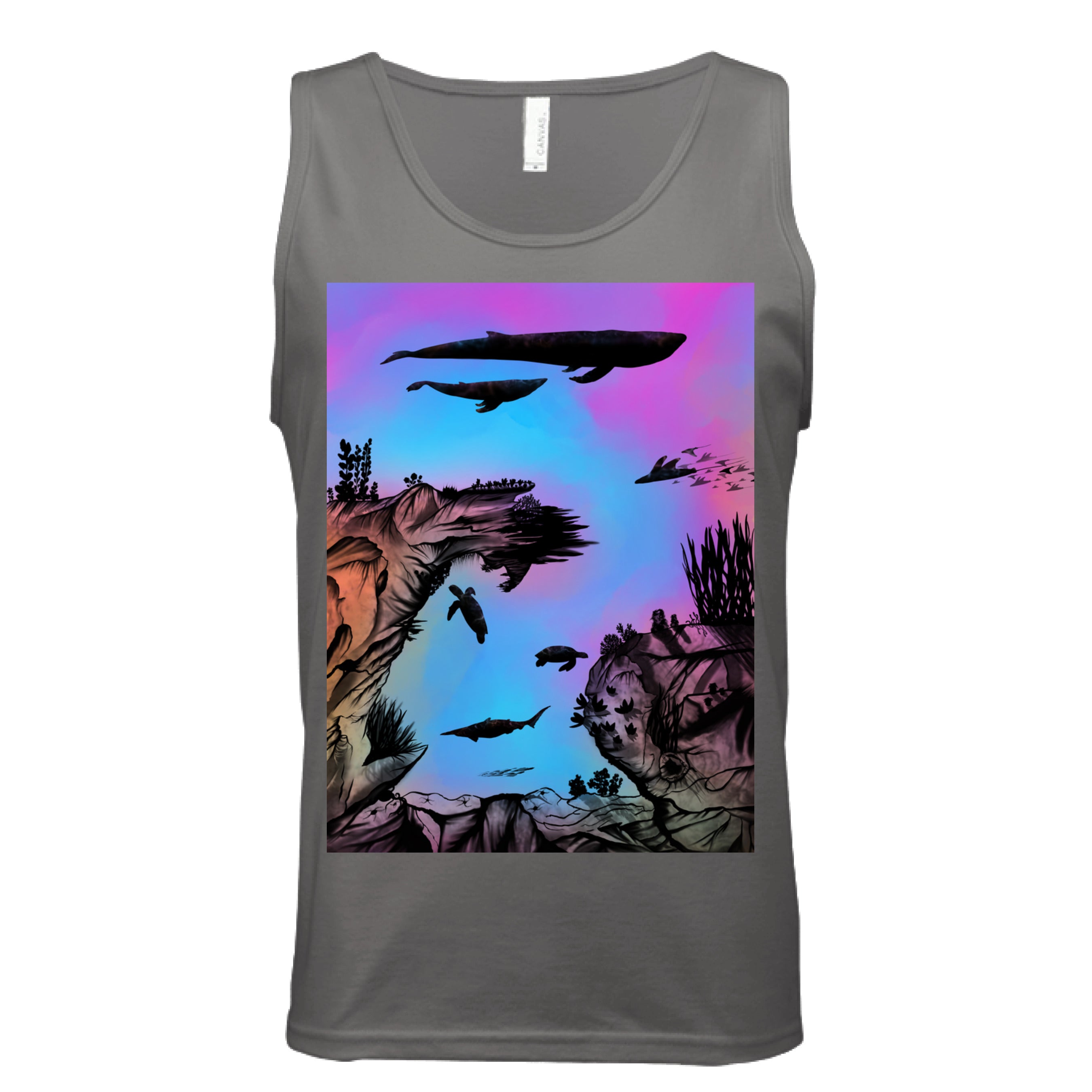 This is the Dark Grey Into the Abyss Tank by Lee Hansheng Studios. This is showcasing the front. The illustration is of an otherworldly underwater world alive with graceful black silhouettes drifting against a luminous gradient of blues, purples, and warm tones throughout the water. To the left, right and bottom are sediment, rocks, seaweed throughout. The top has a humpback whale, another whale, below are a pool of mantis rays, two sea turtles, sea of fish. The white size label can be seen.