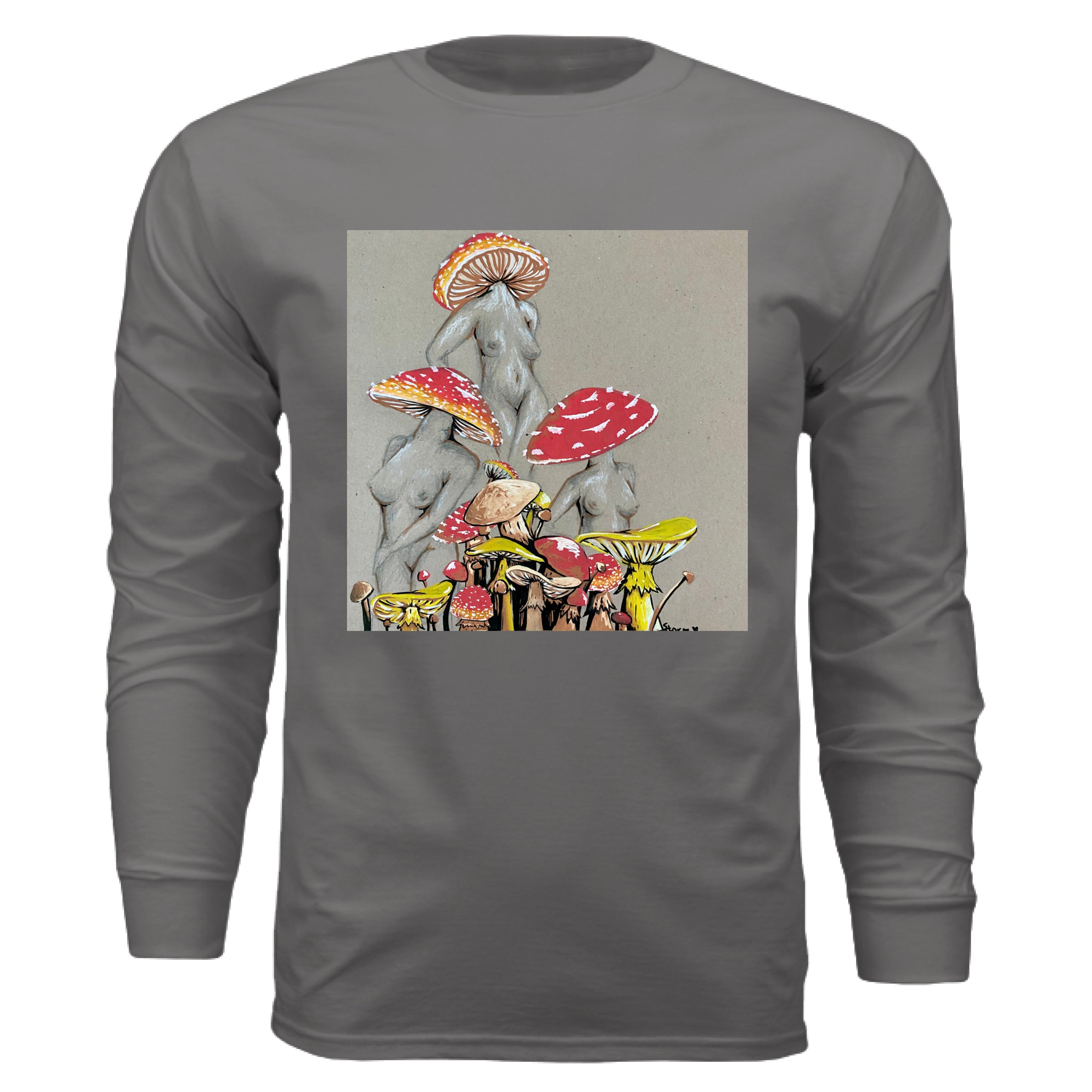 This is the Dark Grey Miss Amanita Long Sleeve by Storm Garden Studio. This is showcasing the front. This illustration is on tan/grey background. There are three fusions of female human anatomy and mushroom fungi. Their heads are different styles of mushrooms, bodies are a gray/white outlined in brown. Below are different mushrooms and shapes with a mix of tan, red, white and yellow colors. It is against a white background.