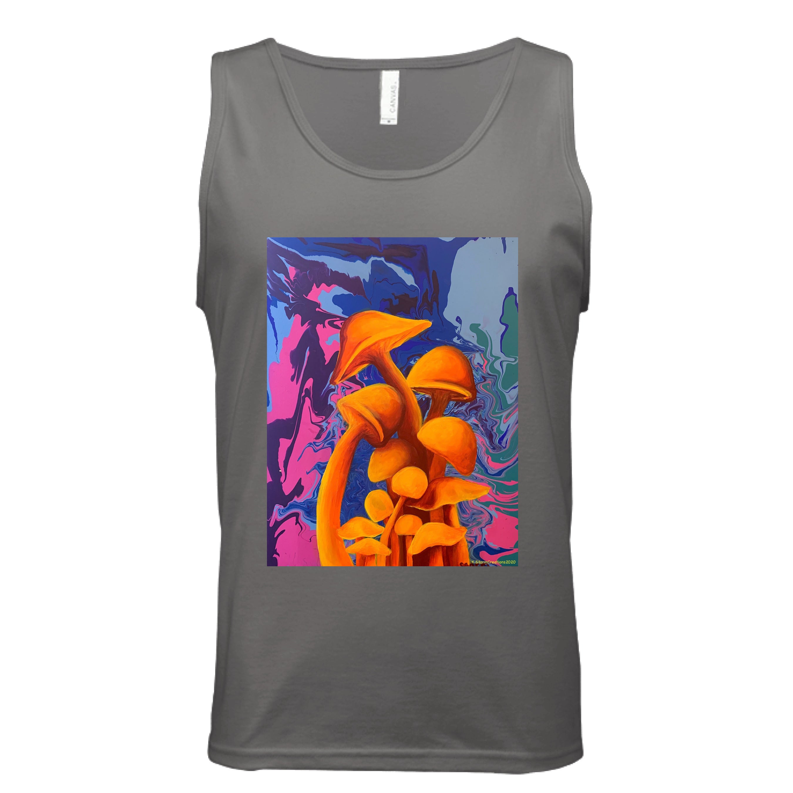 This is the Dark Grey Mushroom Tank by Storm Garden Studio. This is showcasing the front of the tank. There are two drawstrings on the hood and a large pouch under the illustration. The illustration is of 11 blazing orange fungis with a swirling background that includes blue, green, dark blue, purple and pink colors. The mushrooms are different shapes and sizes starting form the middle and reaching towards the top. It is against a white background.