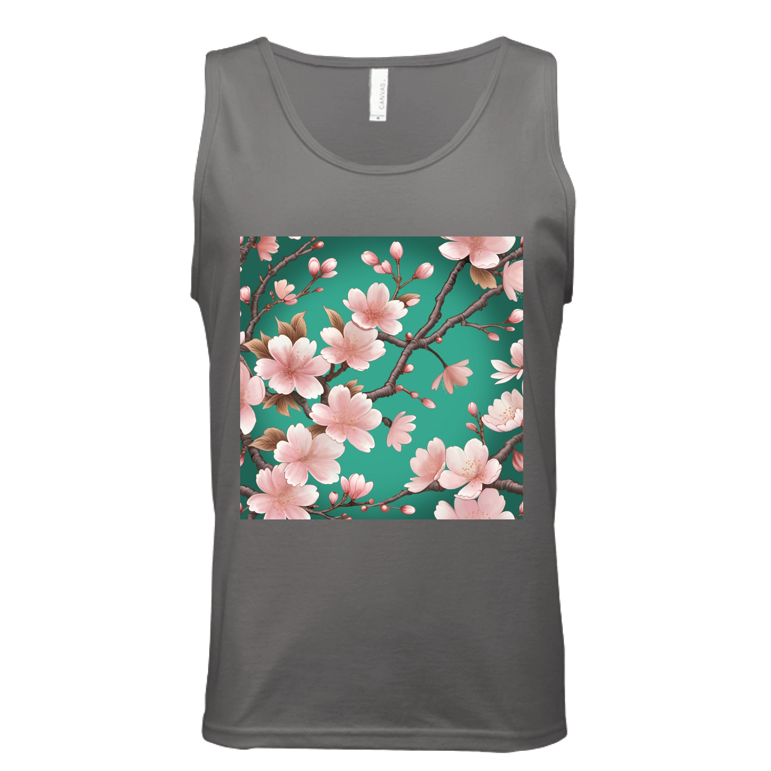 This is the Dark Grey Sakura Tank by Lee Hansheng Studios. This is showcasing the front of the tank. The illustration has a vibrant green background with soft pink cherry blossom blooms of petals on dark brown/grey branches celebrating hanami season. There are fully bloomed flowers and some buds throughout. The white size tag can be seen from the back. The image is from the chest to belly button. It is against a white background.