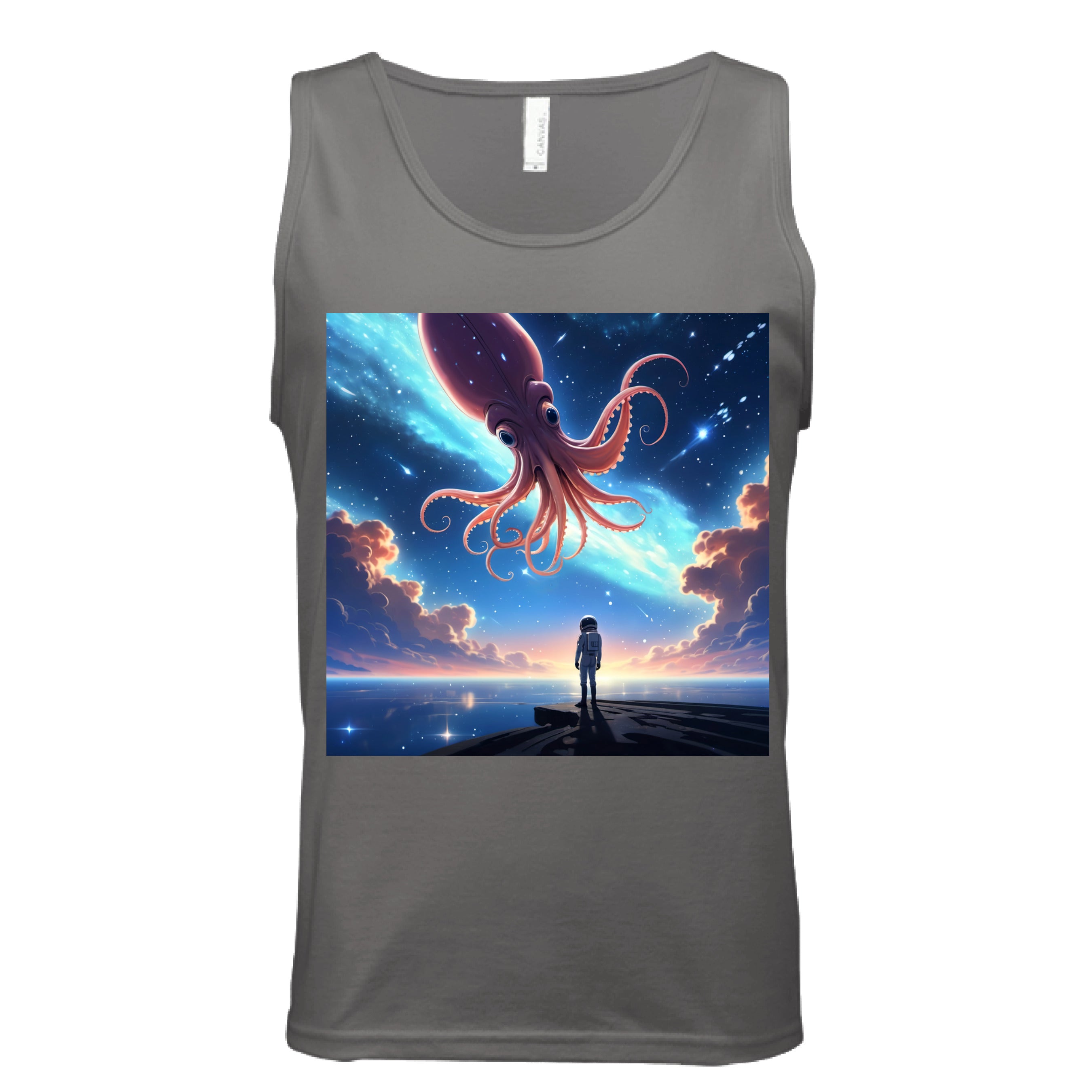 This is the Dark Grey Star Maker Tank by Lee Hansheng Studios. This is showcasing the front. The illustration features a lone astronaut in white, standing on a dark surface gazing at a pink octo-squid alien, drifting through a sky. The sky is alive with stars, nebulae, and clouds. The clouds are drifting up at the right and left with pink/blue hues. The sky is a light blue and the drifting stars behind the animal is a light blue. It is against a white background.